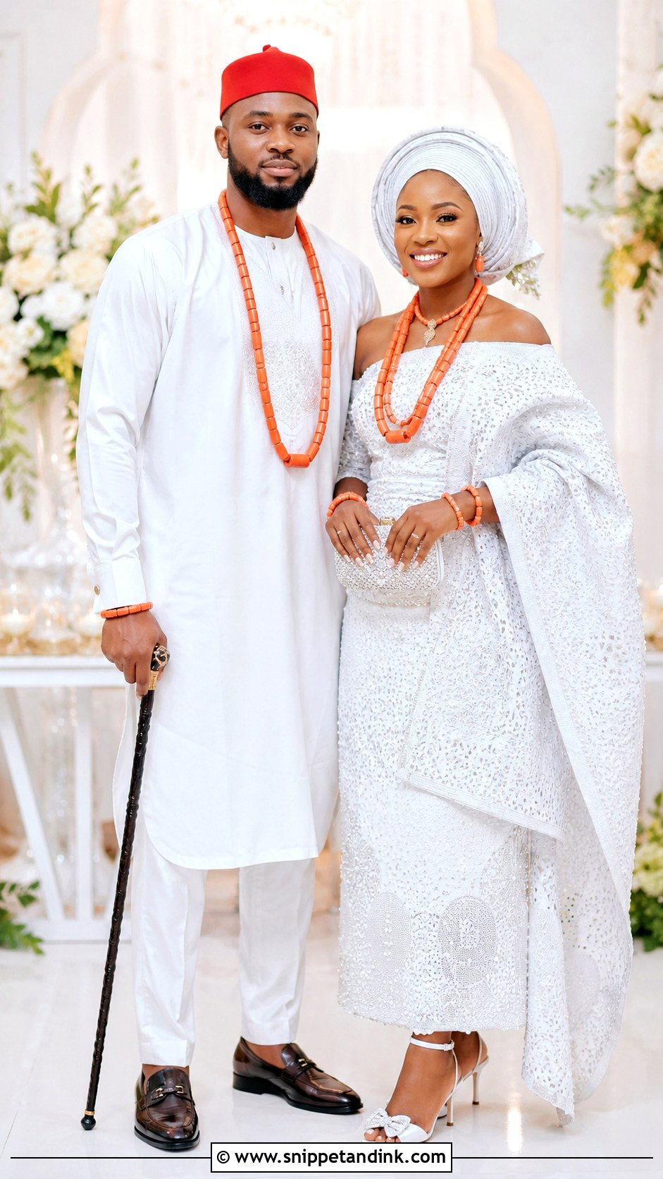 Igbo Couple White And Coral Attire - Snippet and Ink - 30 Igbo Traditional Wedding Attire Ideas