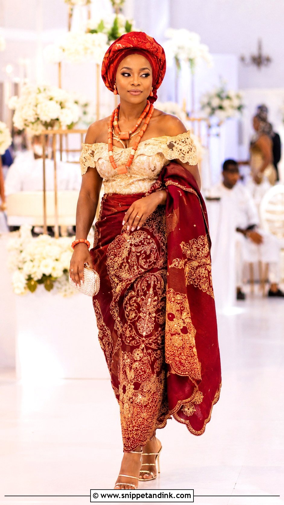 Igbo Off Shoulder Blouse And Wrapper Attire - Snippet and Ink - 30 Igbo Traditional Wedding Attire Ideas