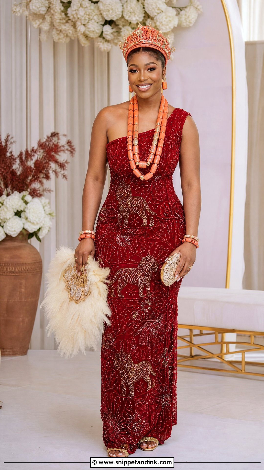 Igbo One Shoulder Beaded Bridal Gown - Snippet and Ink - 20 Traditional Igbo Nigerian Wedding Dresses