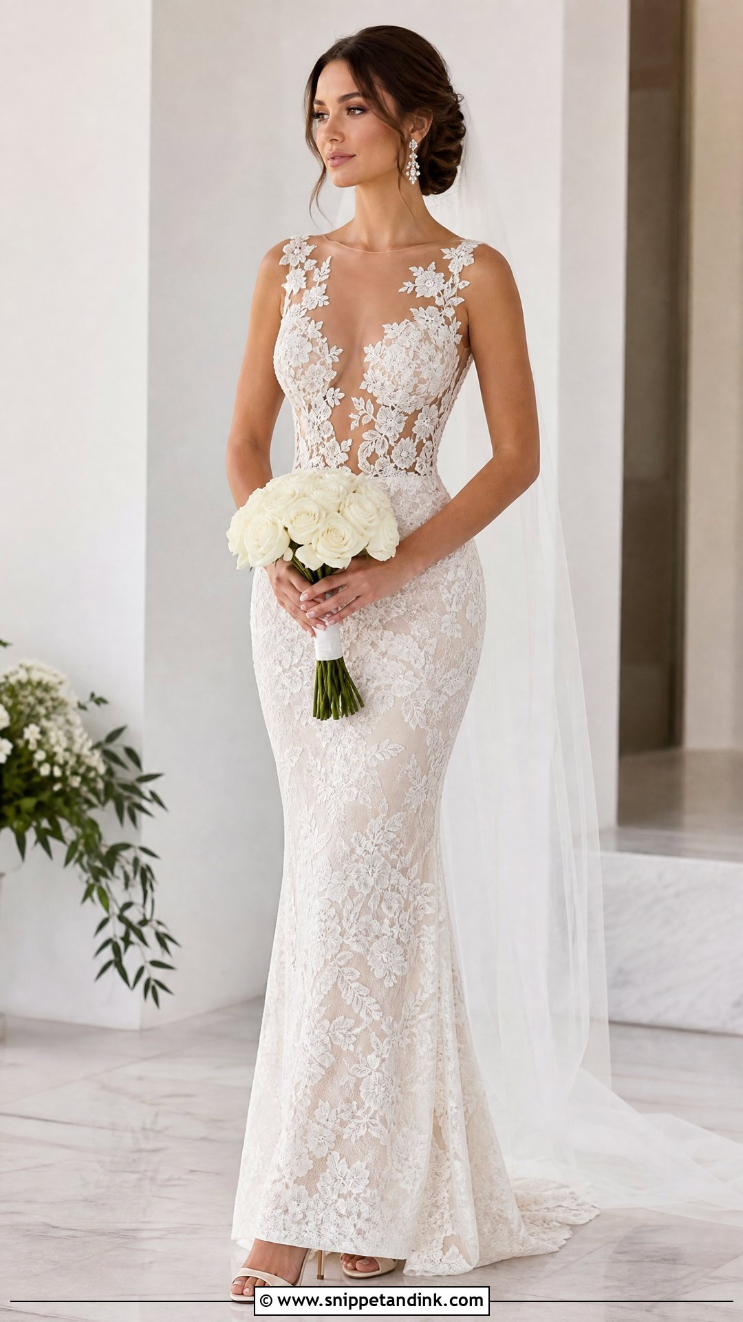 Illusion Bodice Lace Sheath Wedding Dress - Snippet and Ink - 20 Lace Sheath Wedding Dress Ideas