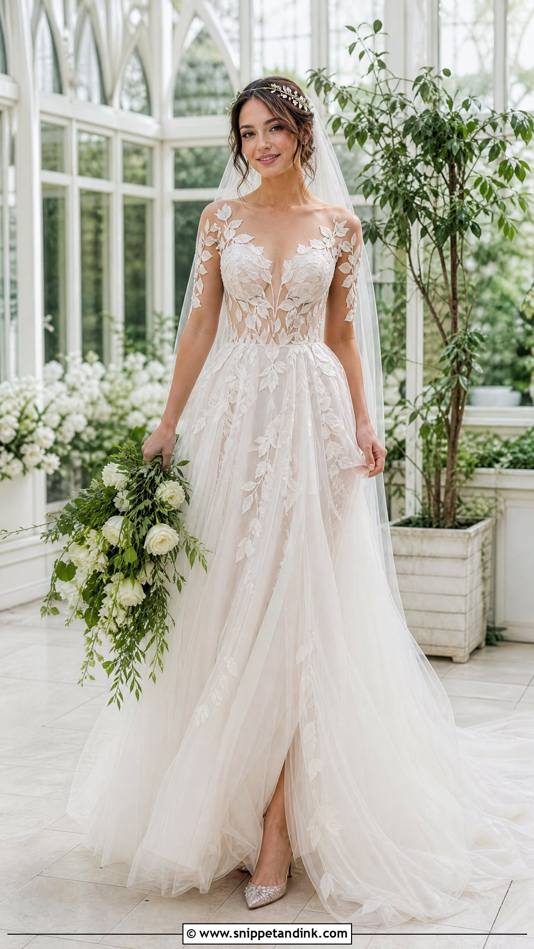 Illusion Bodice Leaf Applique Wedding Dress - Snippet and Ink - 20 Wedding Dress Leaves Ideas