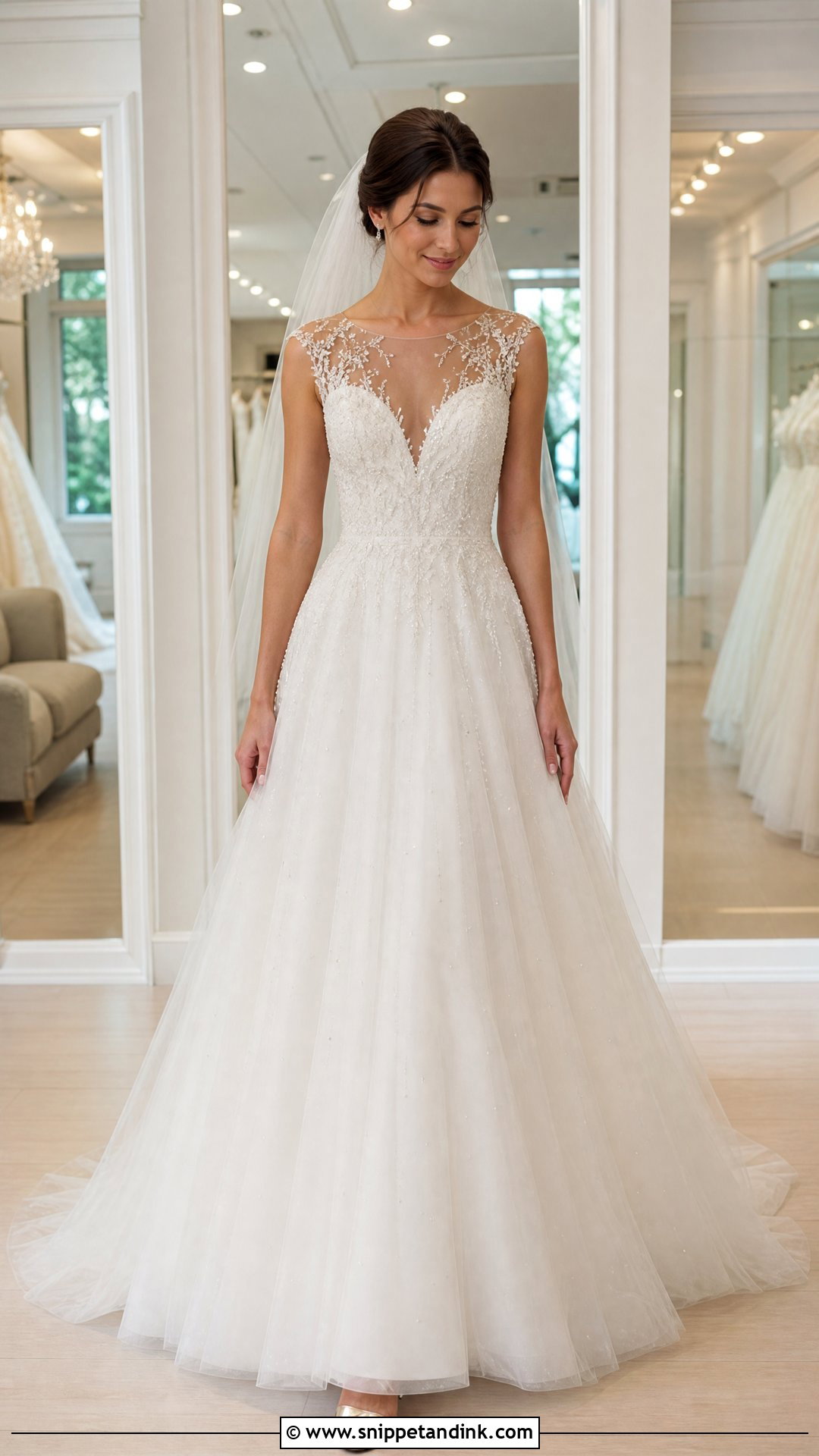 Illusion Neck Beaded A Line Wedding Dress - Snippet and Ink - 20 Wedding Dresses for Pear Shape