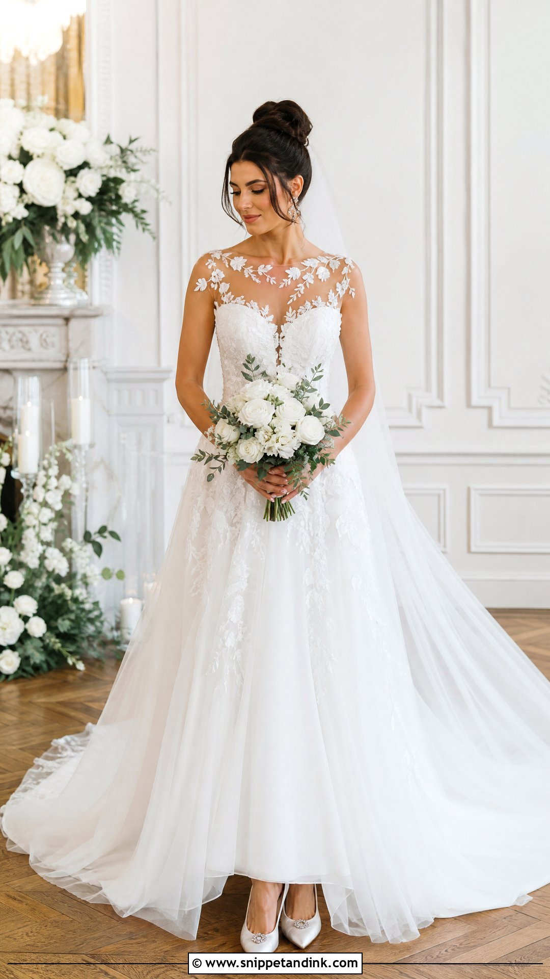 Illusion Neck Wedding Dress With Floral Embroidery - Snippet and Ink - 20 Wedding Dress with Embroidered Flowers