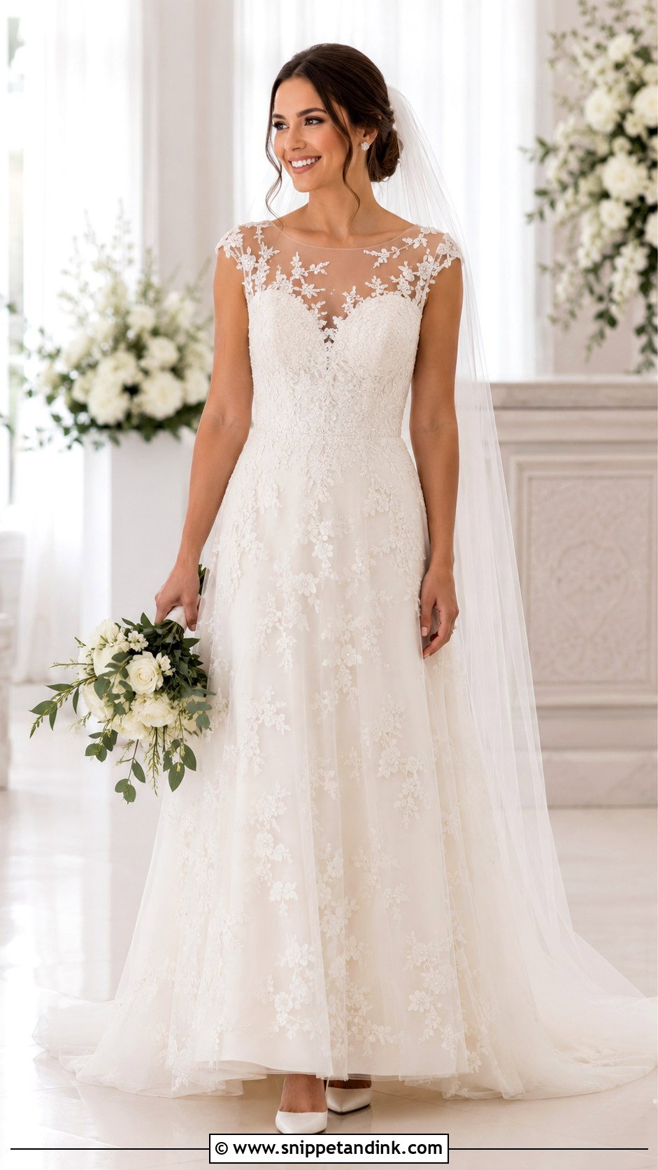 Illusion Neckline Beaded Lace Wedding Dress - Snippet and Ink - 20 Beaded Lace Wedding Dress Ideas