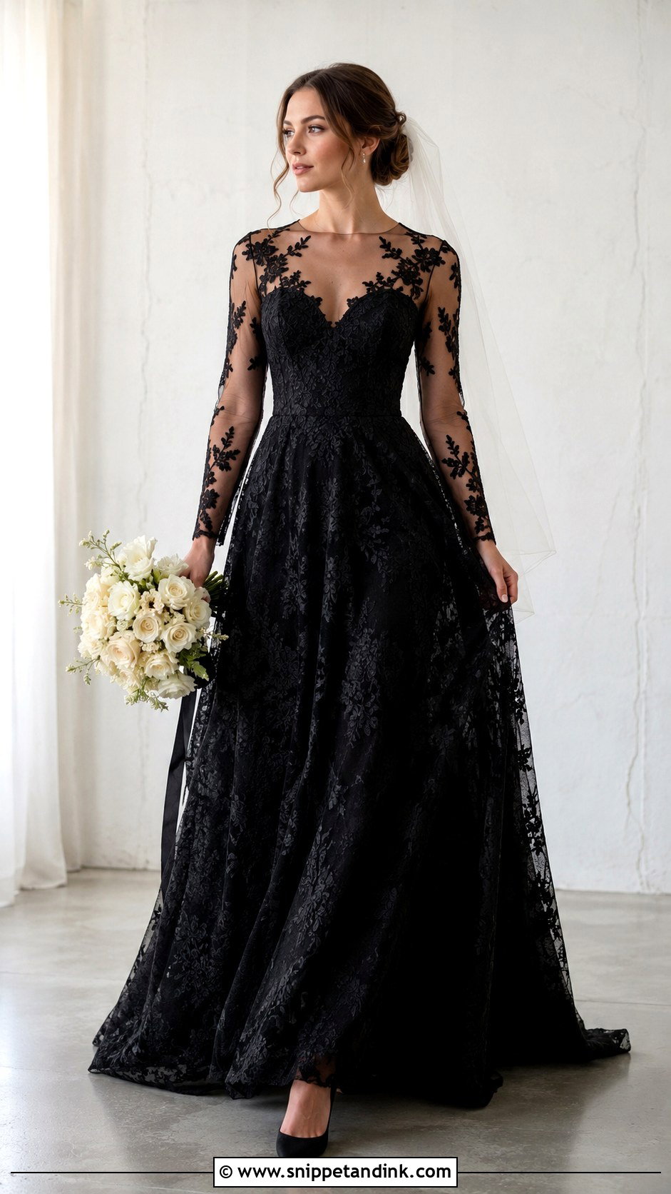 Illusion Neckline Black Lace Wedding Dress - Snippet and Ink - 20 Black Lace Wedding Dresses