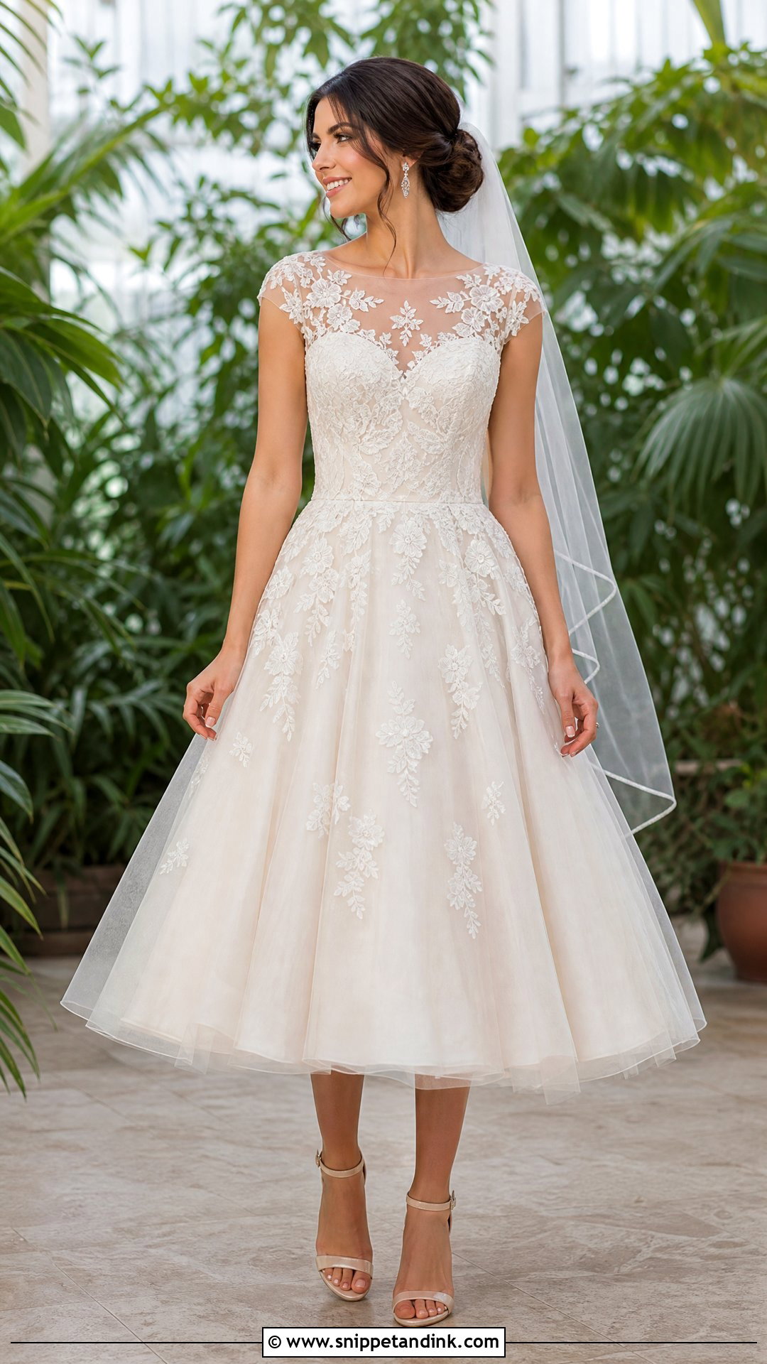 Illusion Neckline Lace Tea Length Wedding Dress - Snippet and Ink - 20 Tea Length Wedding Dresses Lace