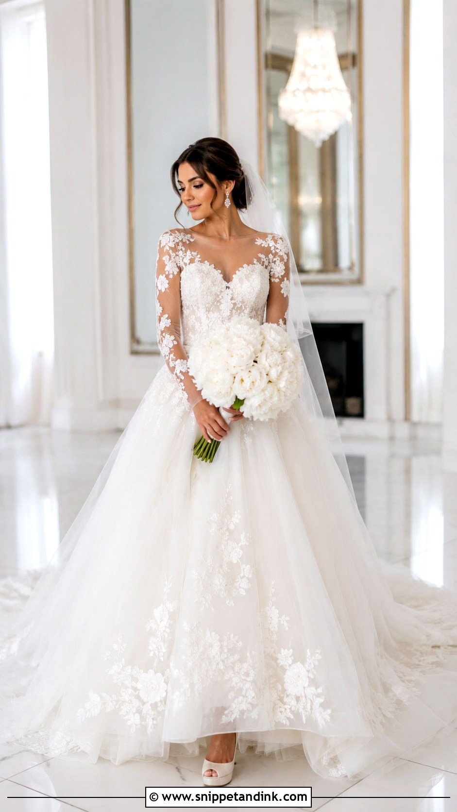 Illusion Neckline Long Sleeve Lace Wedding Dress Ballgown - Snippet and Ink - 20 Long Sleeve Lace Wedding Dress Ballgown Ideas
