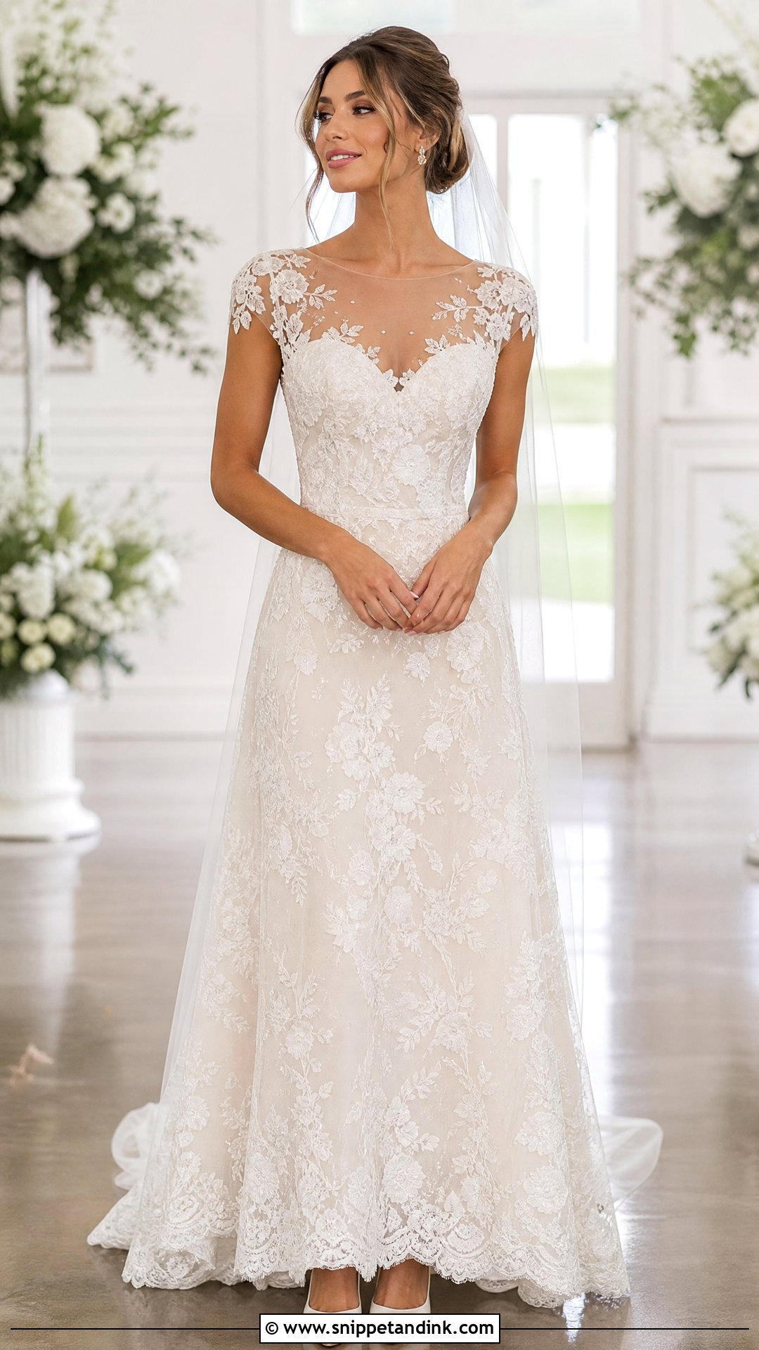 Illusion Neckline Short Sleeve Lace Wedding Dress - Snippet and Ink - 20 Short Sleeve Lace Wedding Dress Ideas