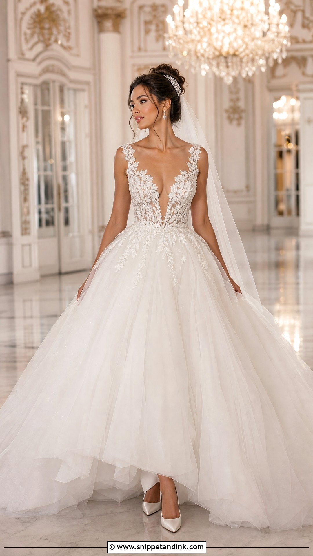 Illusion Plunging Neckline Ball Gown - Snippet and Ink - 20 Plunging Neckline Wedding Dress Ideas