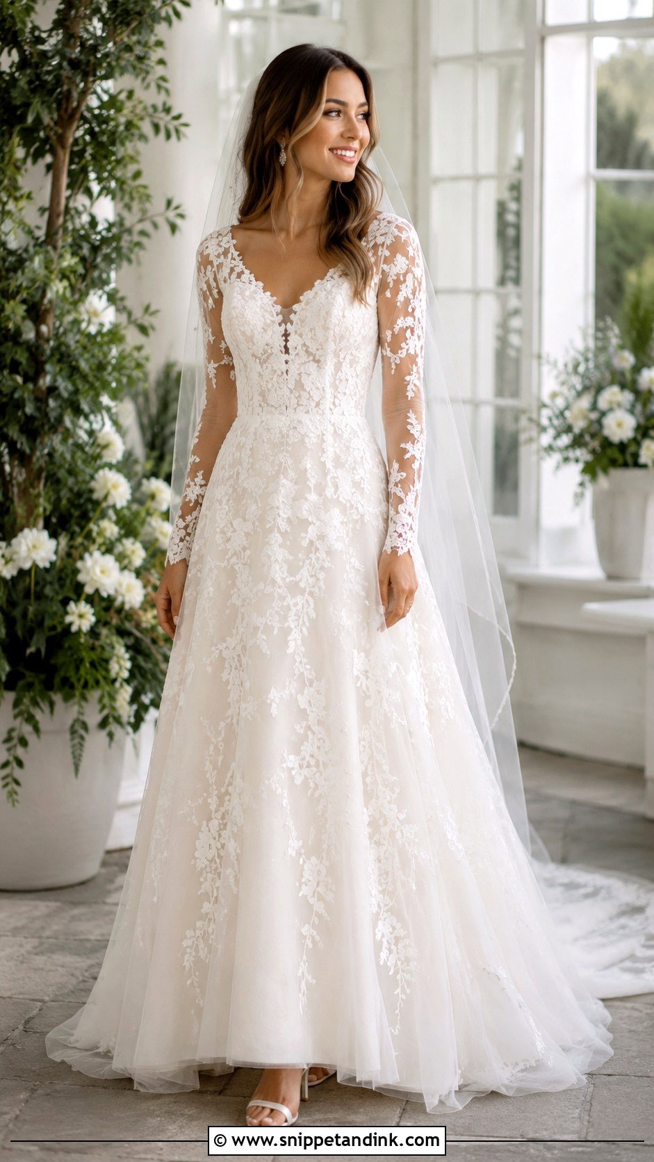 Illusion Sleeve A Line Wedding Dress - Snippet and Ink - 20 Inverted Triangle Wedding Dress Ideas