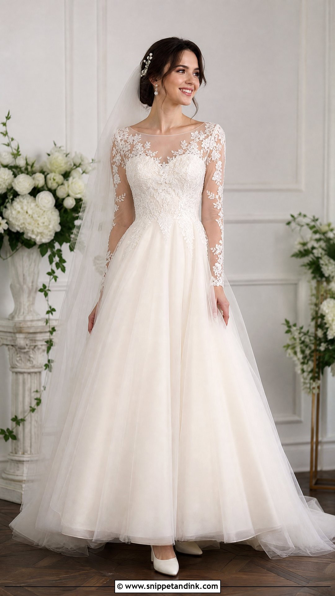 Illusion Sleeve A Line Wedding Dress - Snippet and Ink - 20 Wedding Dress for Pear Shape Ideas