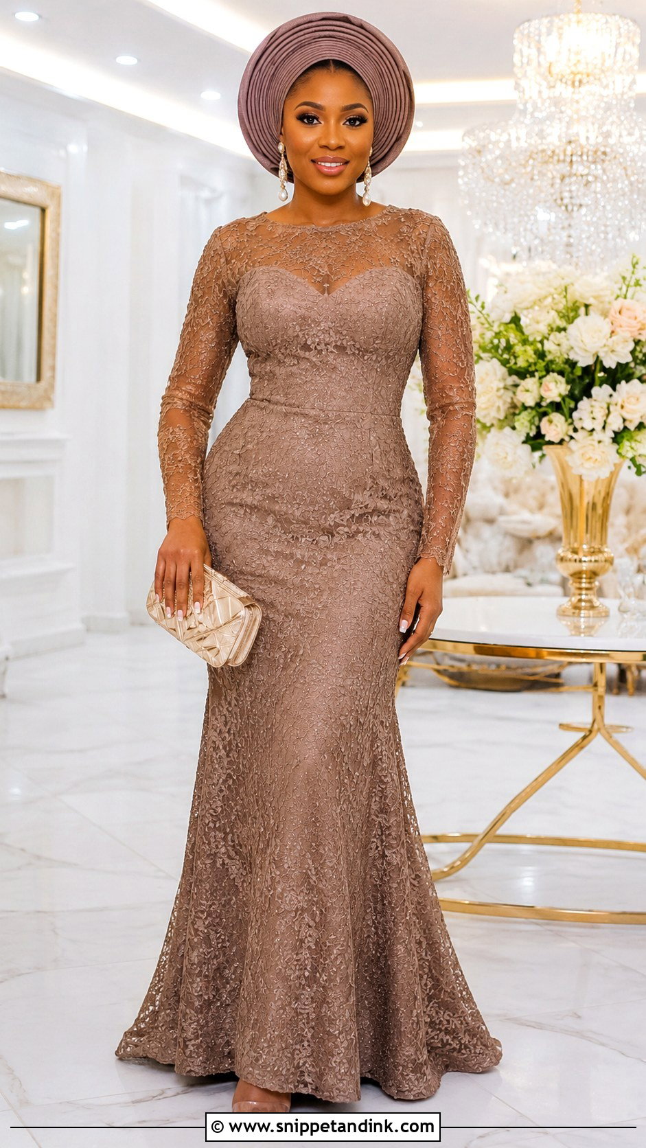 Illusion Sleeve Aso Ebi Lace Gown - Snippet and Ink - 25 Simple Aso Ebi Lace Gown Styles