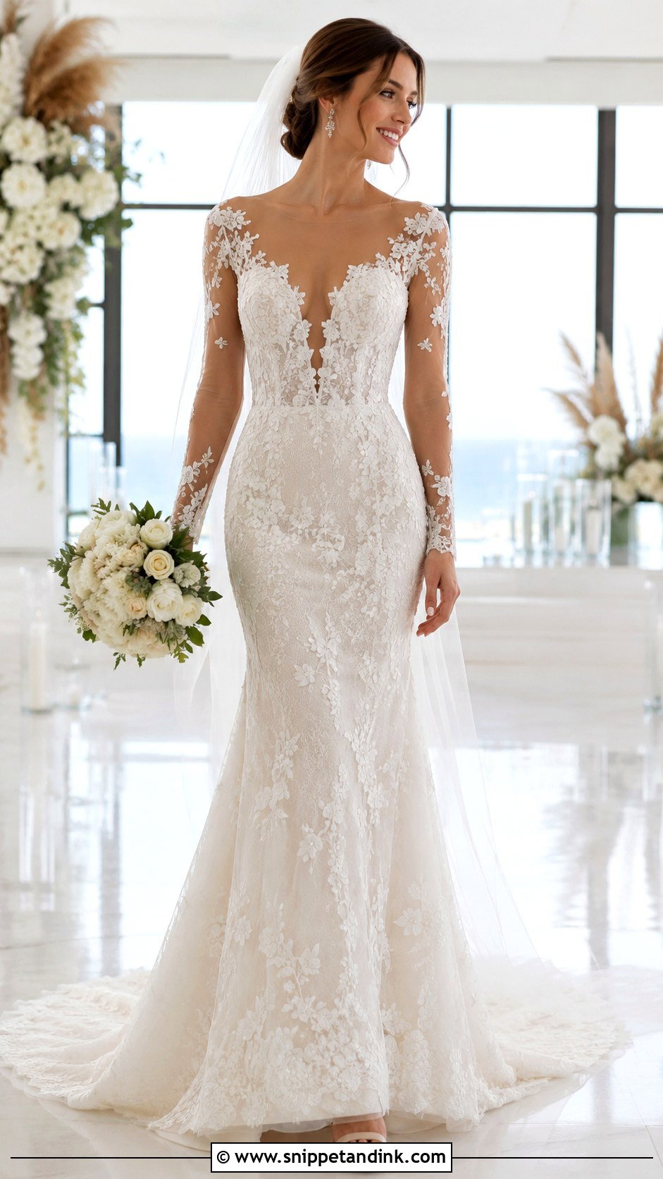 Illusion Sleeve Fit And Flare Wedding Dress - Snippet and Ink - 20 Form Fitting Wedding Dress with Sleeves