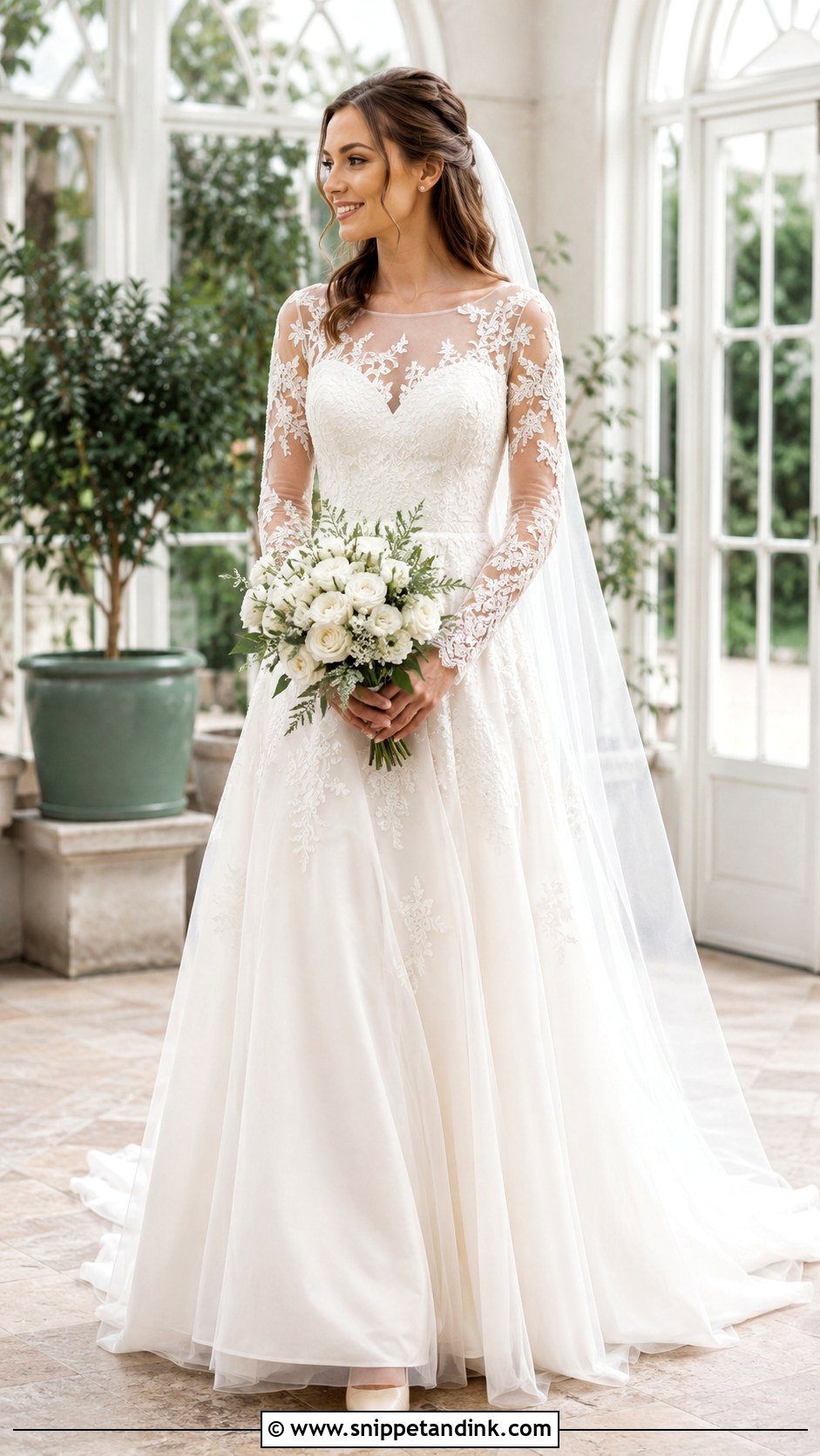 Illusion Sleeve Floor Length Wedding Dress - Snippet and Ink - 20 Floor Length Wedding Dress Ideas