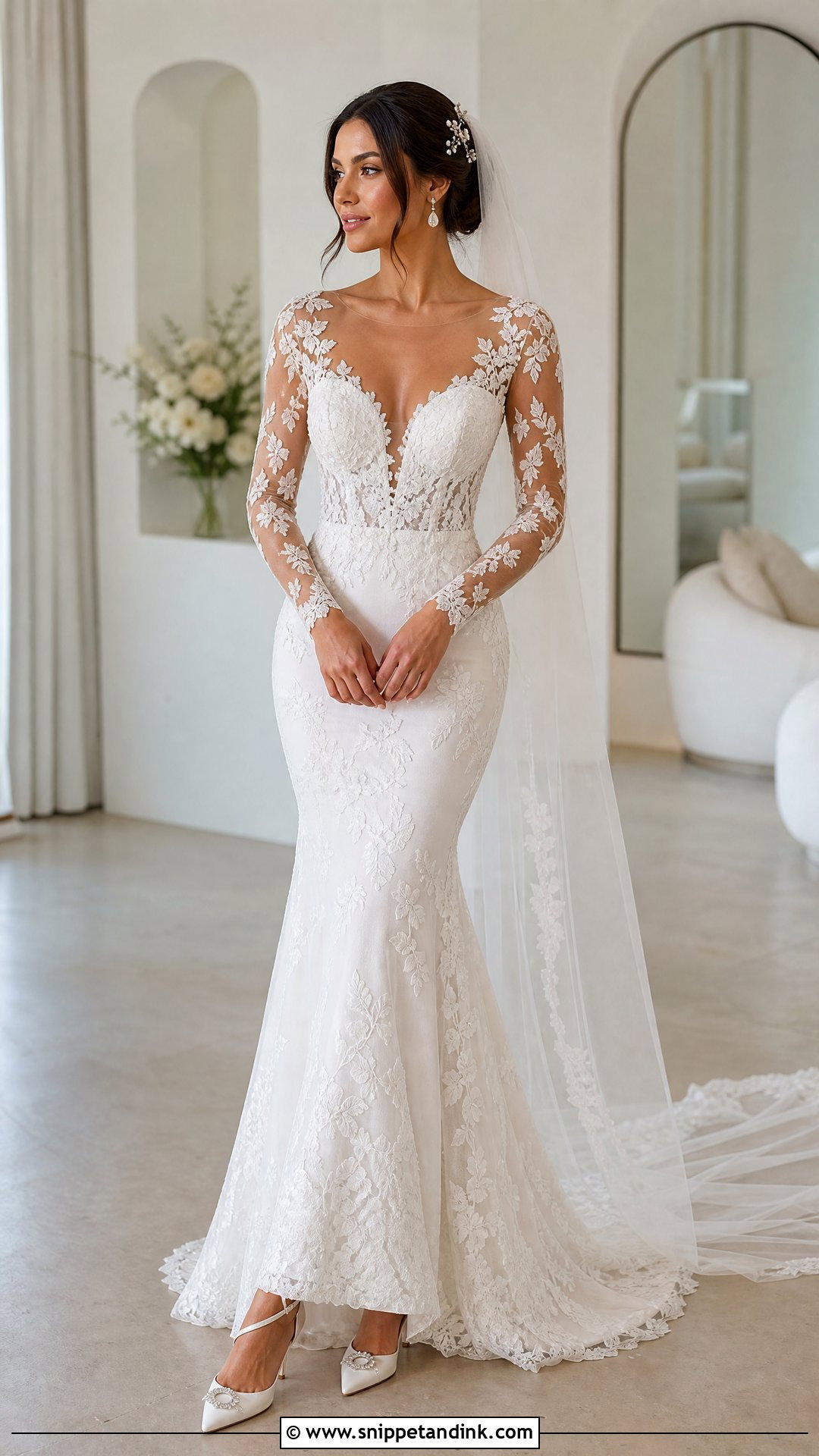 Illusion Sleeve Lace Mermaid Wedding Dress - Snippet and Ink - 20 Lace Mermaid Wedding Dresses