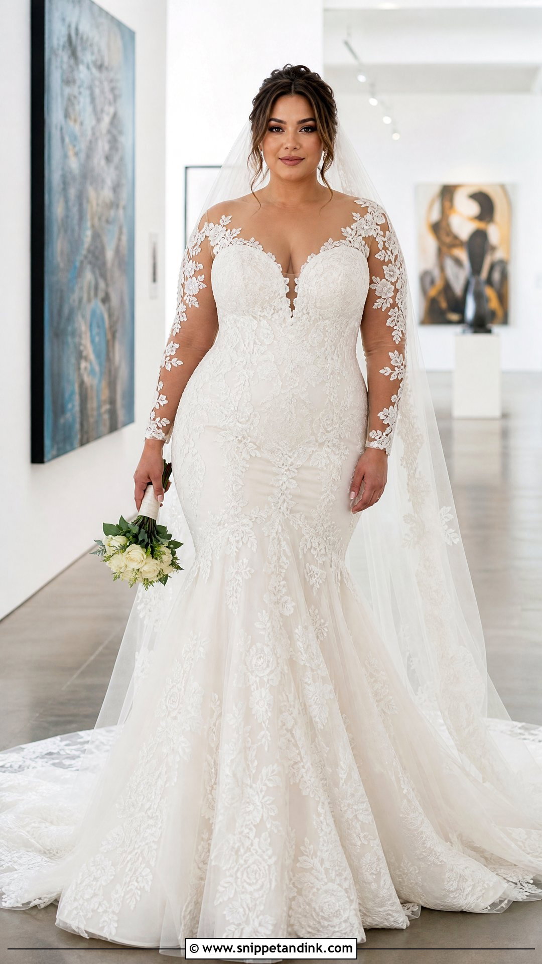 Illusion Sleeve Mermaid Plus Size Wedding Gown - Snippet and Ink - 20 Plus Size Wedding Gowns with Sleeves