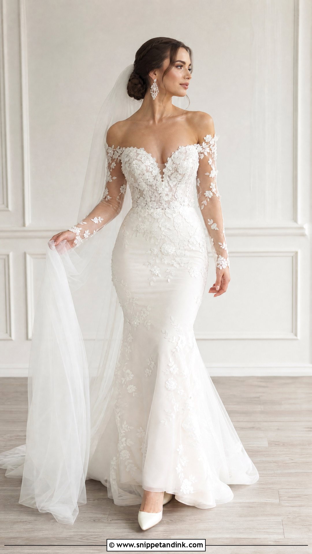 Illusion Sleeve Off the Shoulder Wedding Dress - Snippet and Ink - 20 Off the Shoulder Long Sleeve Wedding Ideas
