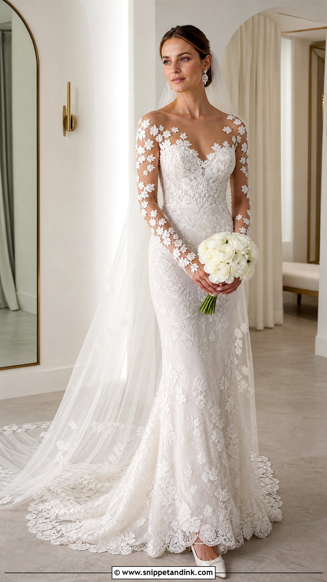 Illusion Sleeve Sheath Lace Wedding Dress - Snippet and Ink - 25 Fitted Lace Wedding Dress with Sleeves