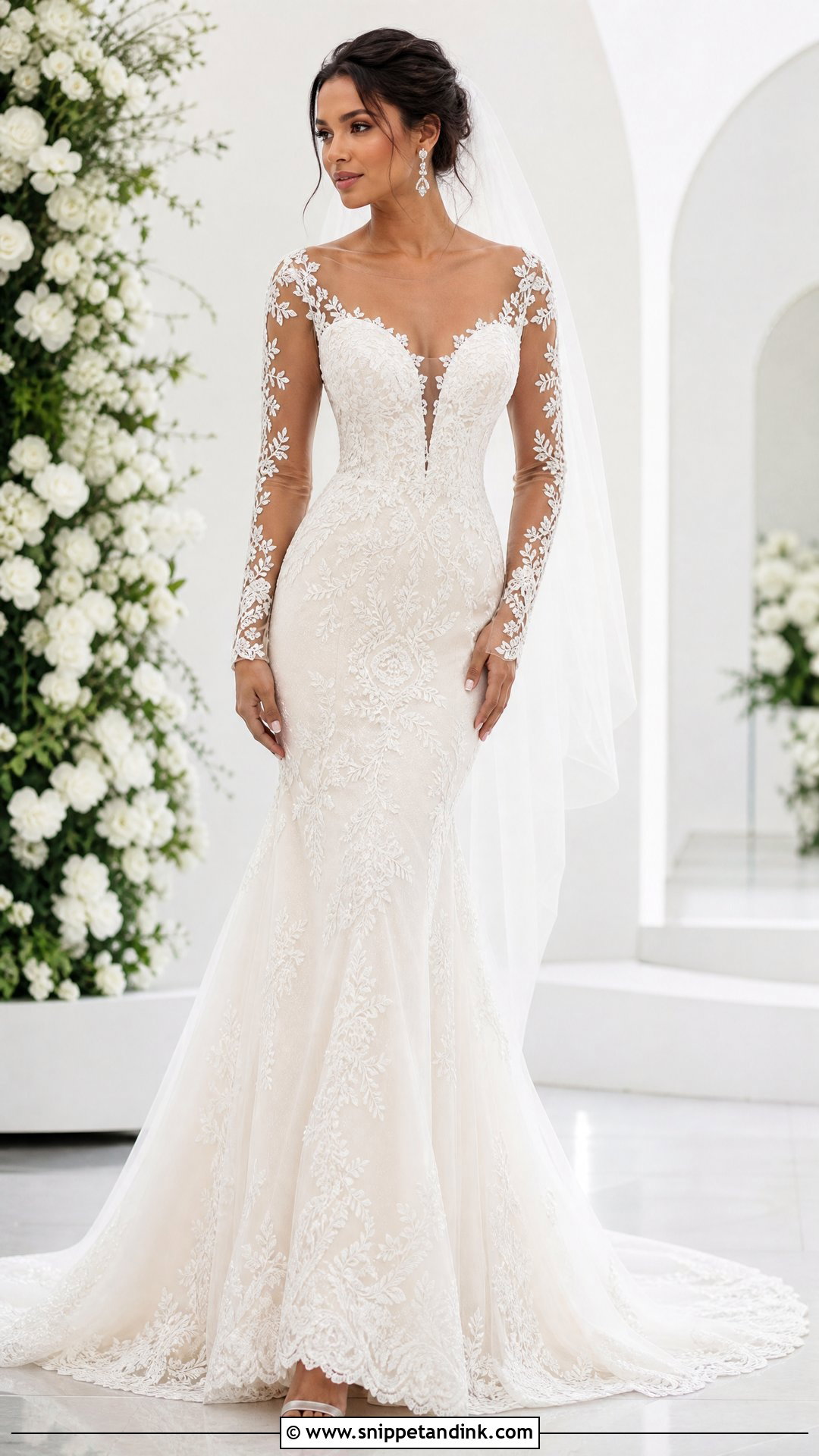 Illusion Sleeve Trumpet Wedding Dress - Snippet and Ink - 20 Trumpet Wedding Dress with Sleeves