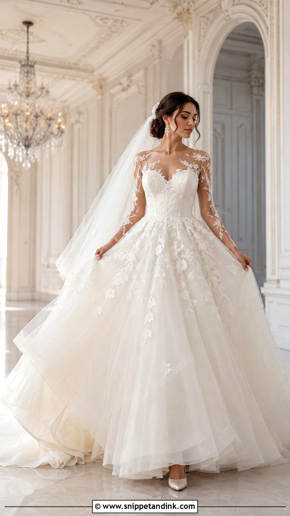 Illusion Sleeve Tulle Ball Gown Wedding Dress - Snippet and Ink - 20 Ethereal Wedding Dress with Sleeves
