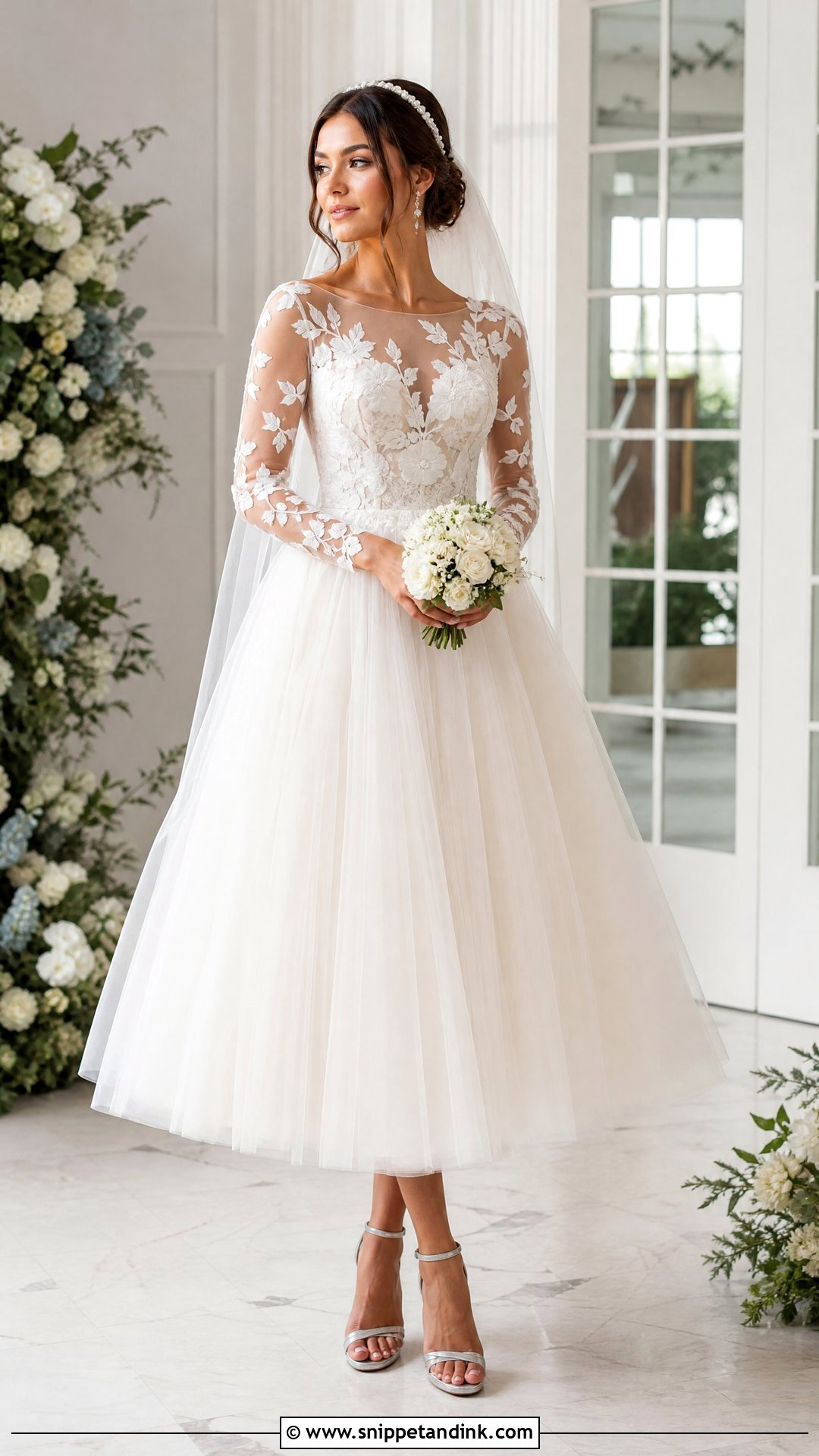 Illusion Sleeve Tulle Tea Length Wedding Dress - Snippet and Ink - 20 Tea Length Wedding Dress with Sleeves