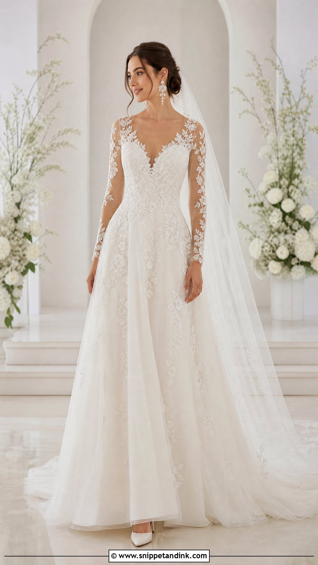 Illusion Sleeve V Neck Wedding Dress - Snippet and Ink - 20 V Neck Wedding Dress with Sleeves