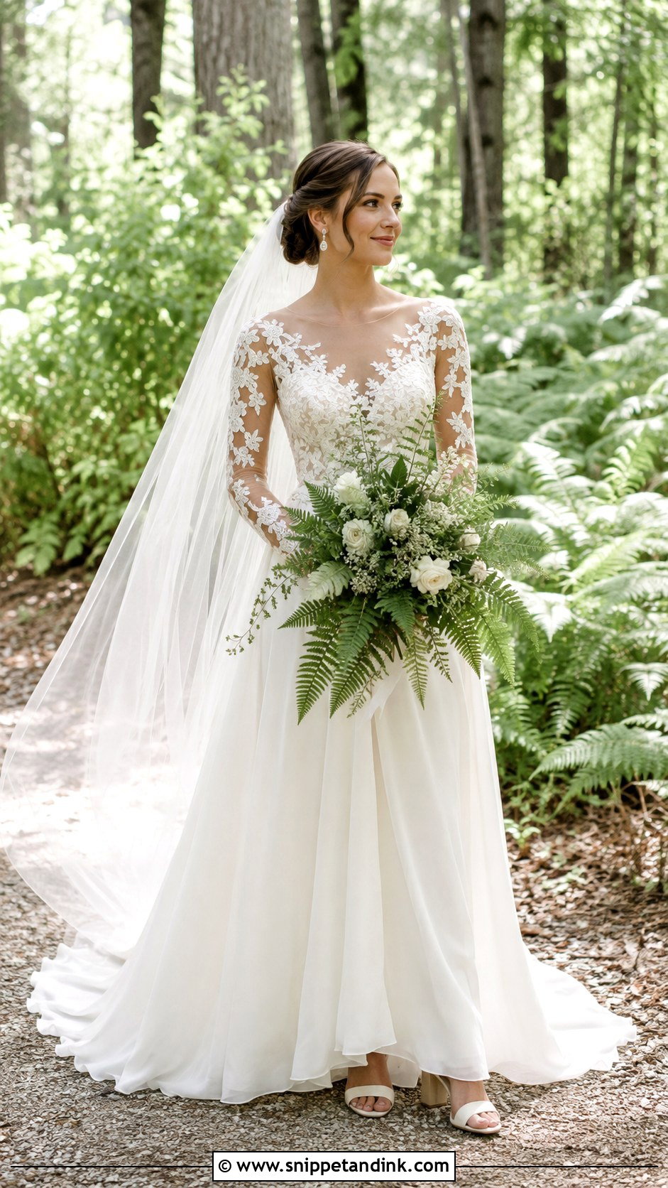 Illusion Sleeve Wedding Dress With Fern Bouquet - Snippet and Ink - 25 Woodsy Wedding Dress Ideas