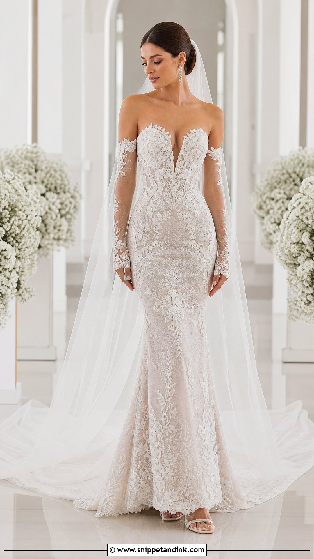 Illusion Sleeves With Plunging Neck Wedding Gown - Snippet and Ink - 20 Wedding Sleeves Detachable