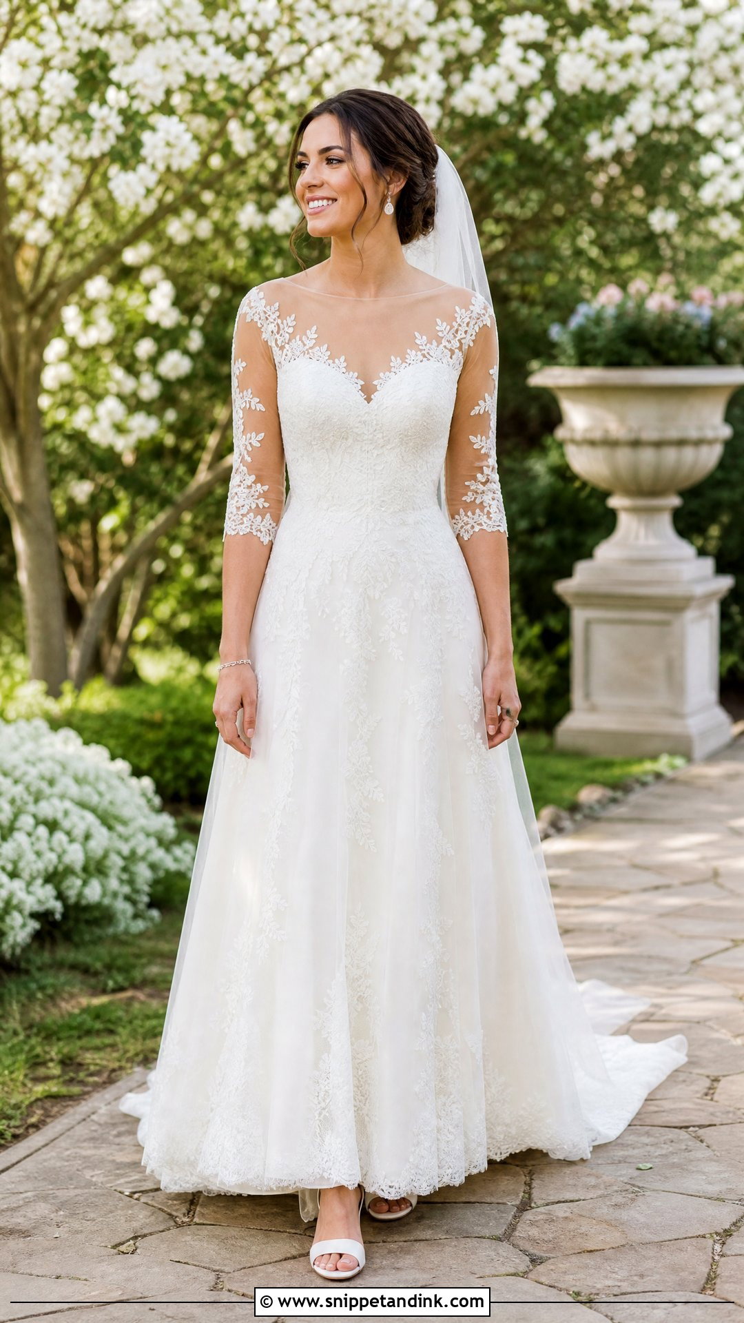 Illusion Three Quarter Sleeve Wedding Dress - Snippet and Ink - 20 Illusion Wedding Dress Ideas