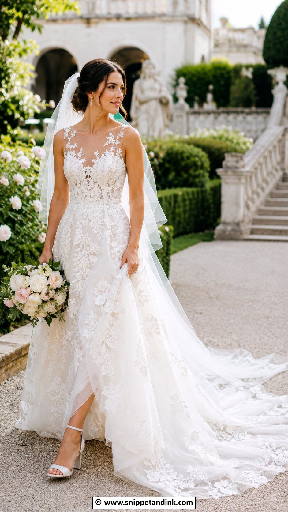 Illusion Wedding Dress With Floral Train - Snippet and Ink - 30 Extravagant Wedding Dresses