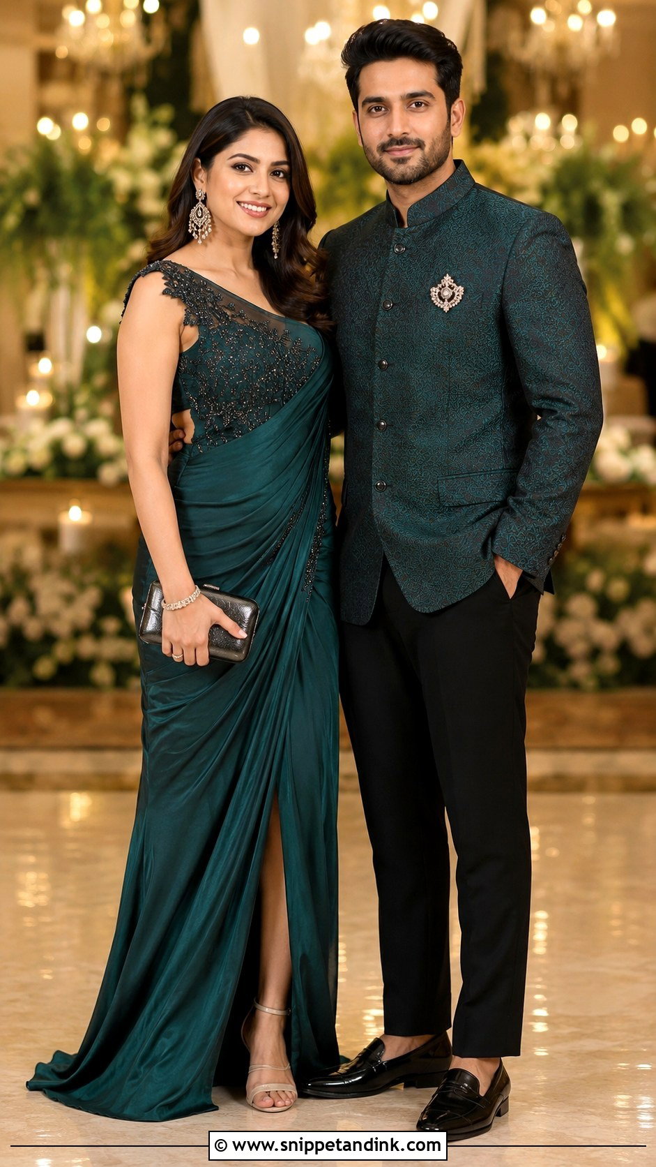 Indo Western Gown And Jodhpuri Suit Couple Outfit - Snippet and Ink - 20 Couple Matching Indian Outfits