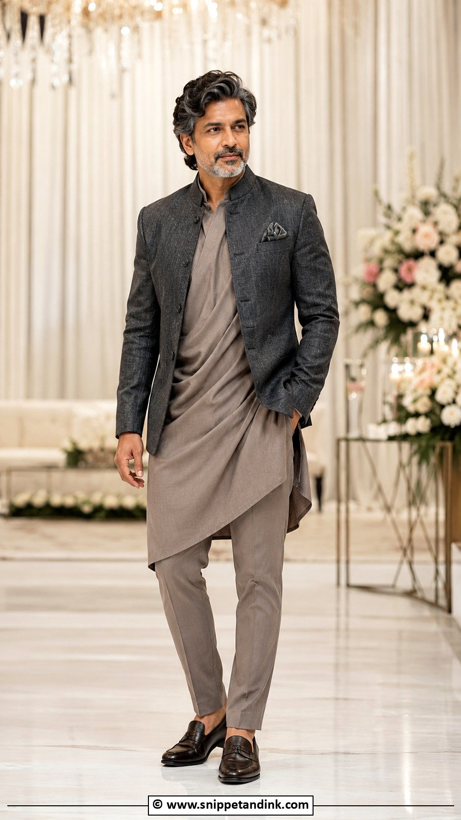 Indo Western Jacket With Draped Kurta - Snippet and Ink - 25 Indian Bride's Father Outfit Ideas