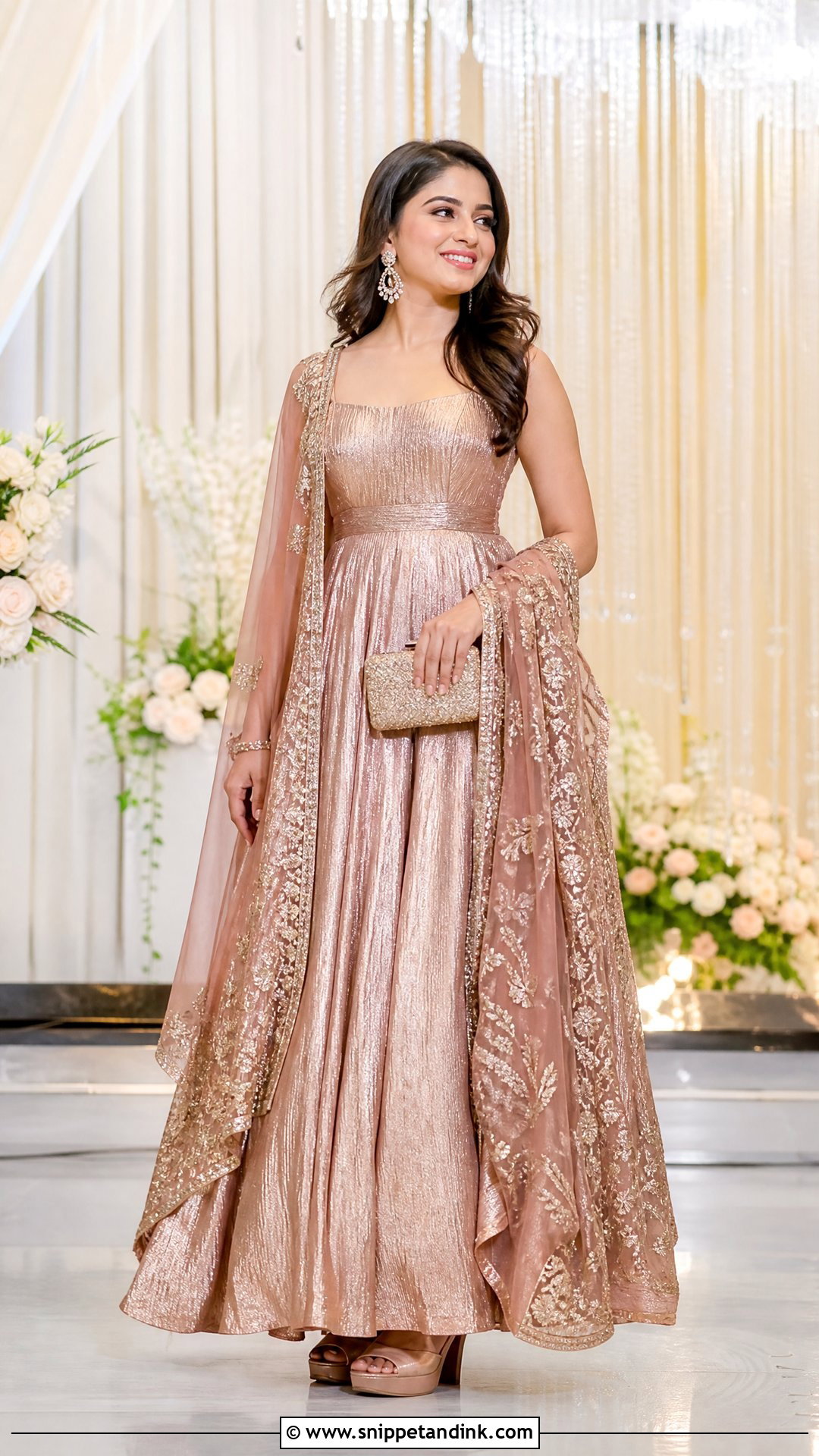 Indo Western Metallic Gown With Dupatta - Snippet and Ink - 25 Indo Western Bridal Sangeet Outfit Ideas
