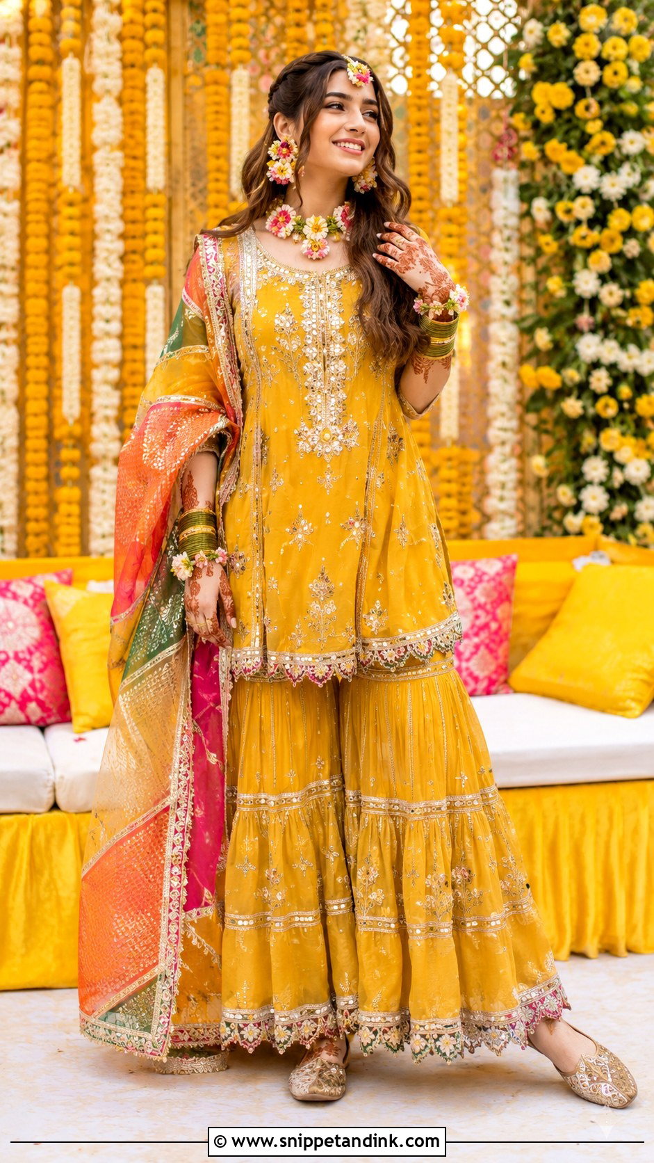 Iqra Aziz Mehndi Yellow Gharara Look - Snippet and Ink - 25 Iqra Aziz Bridal Look Ideas