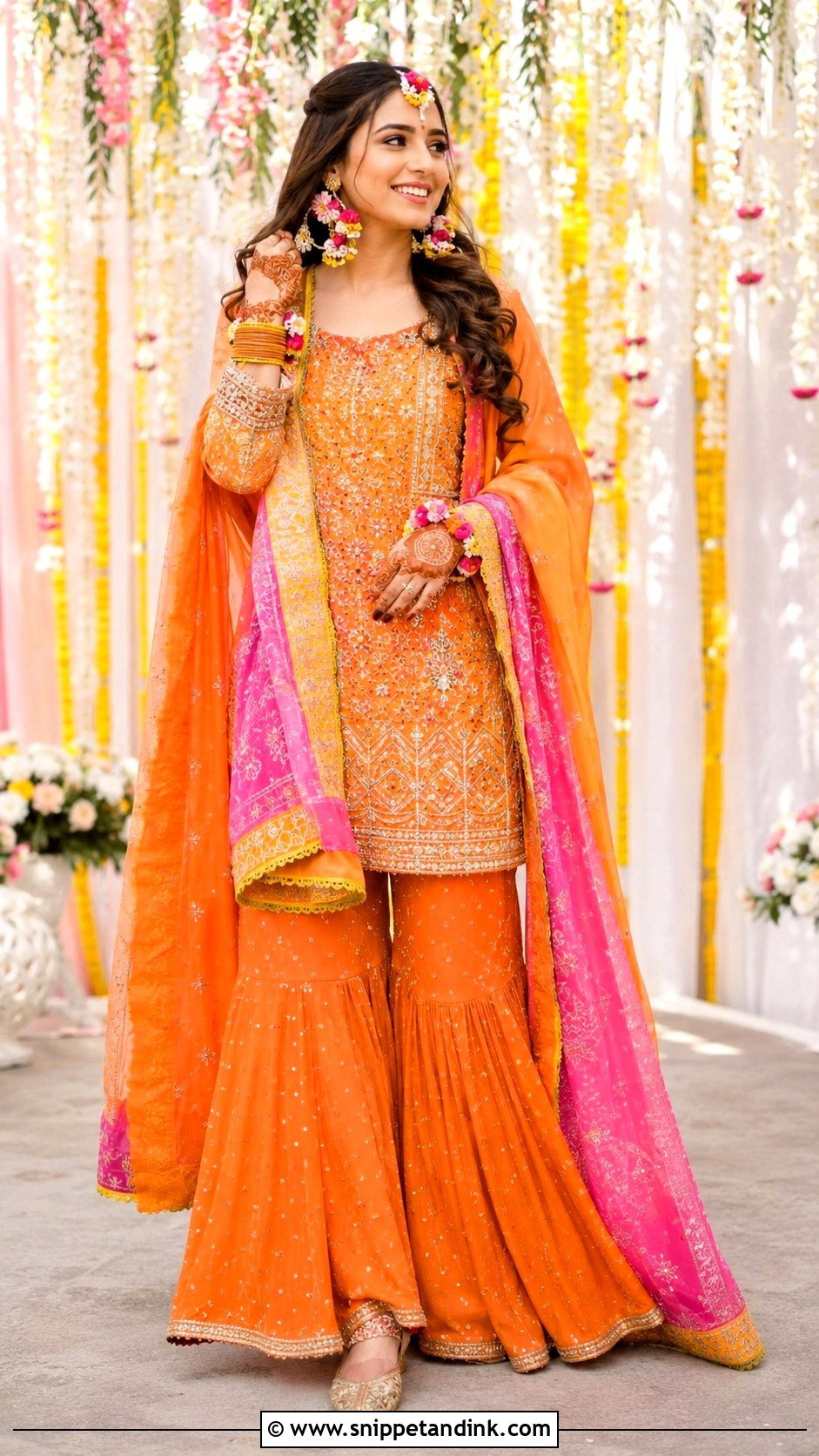 Iqra Aziz Orange Mehndi Sharara Look - Snippet and Ink - 25 Iqra Aziz Bridal Look Ideas