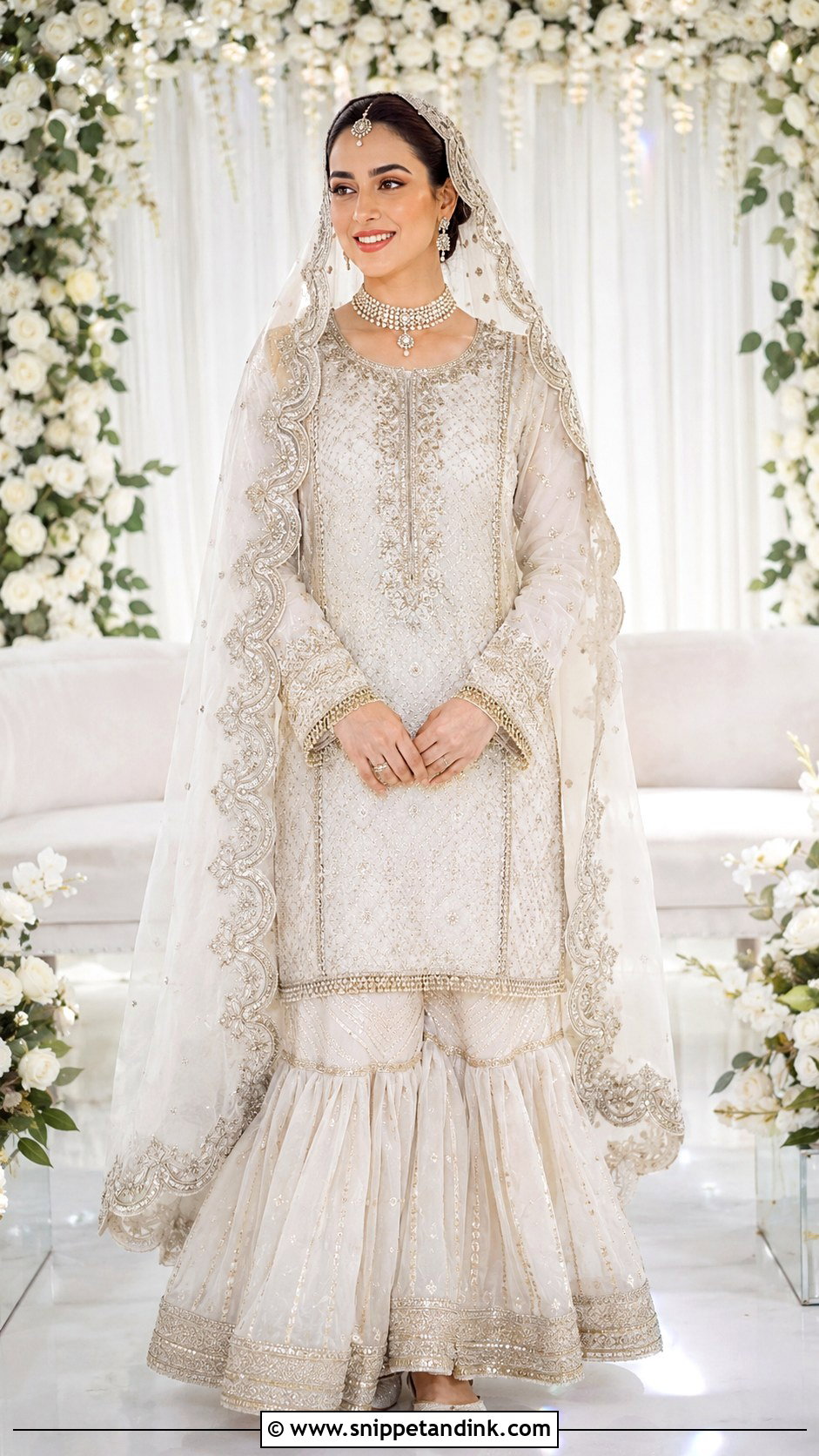 Iqra Aziz White Gold Nikkah Gharara - Snippet and Ink - 20 Iqra Aziz Wedding Dress Ideas
