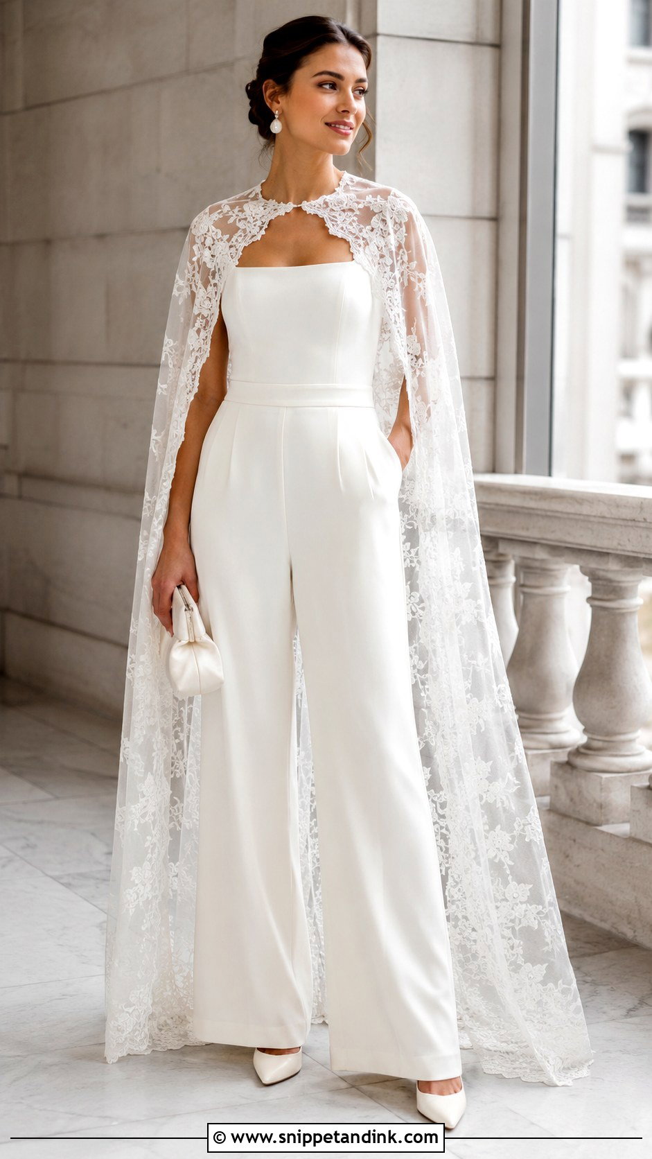Irish Bridal Jumpsuit With Lace Cape - Snippet and Ink - 20 Irish Wedding Dress Ideas