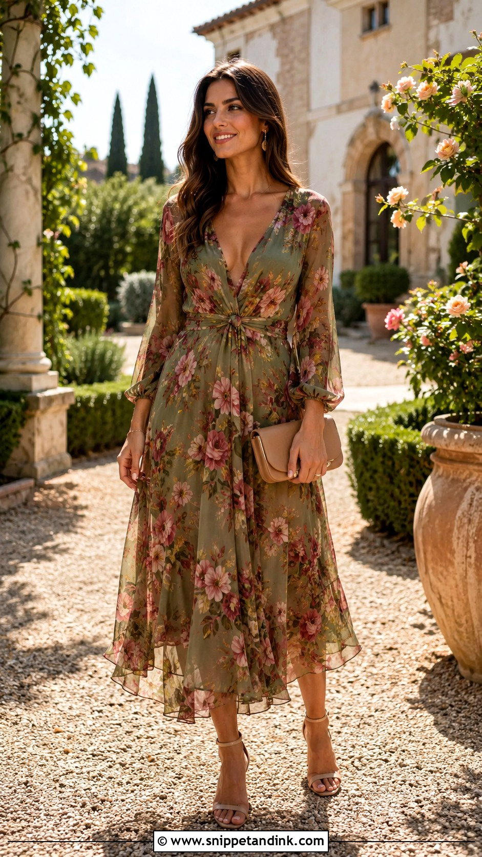 Italian Wedding Floral Midi Dress Outfit - Snippet and Ink - 20 Italian Wedding Outfit Ideas