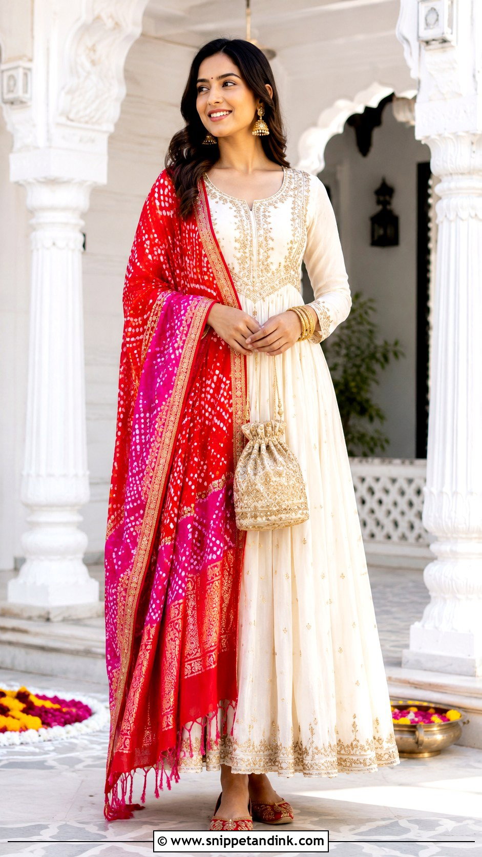 Ivory Anarkali Dress With Bandhani Dupatta - Snippet and Ink - 20 Anarkali Dress with Dupatta Ideas