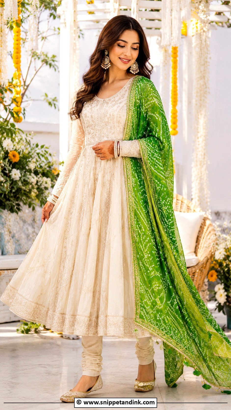 Ivory Anarkali With Bright Dupatta For Mehendi - Snippet and Ink - 30 Mehendi Dress Ideas