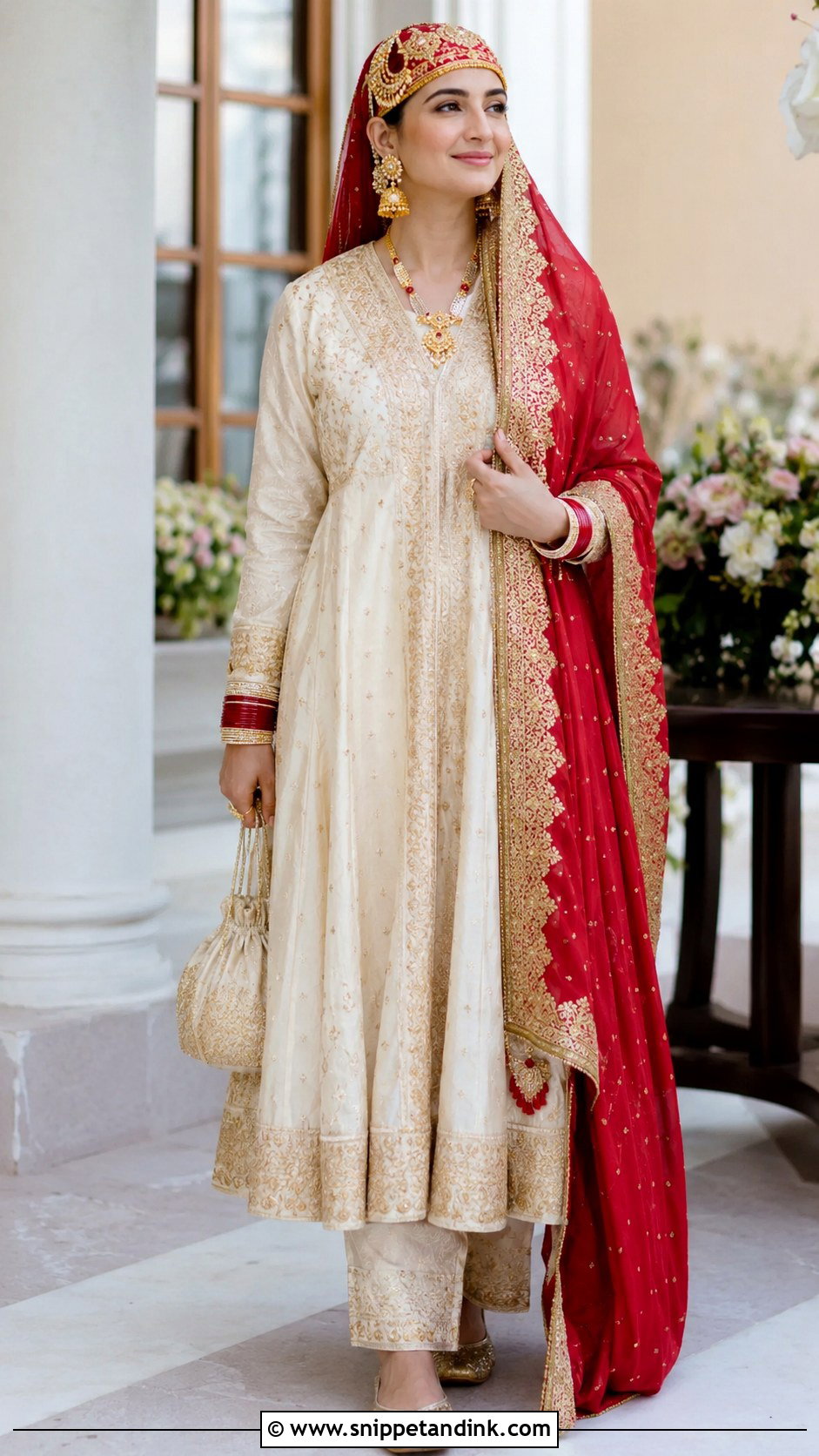 Ivory Anarkali With Red Dupatta - Snippet and Ink - 20 Kashmiri Pandit Bride Ideas