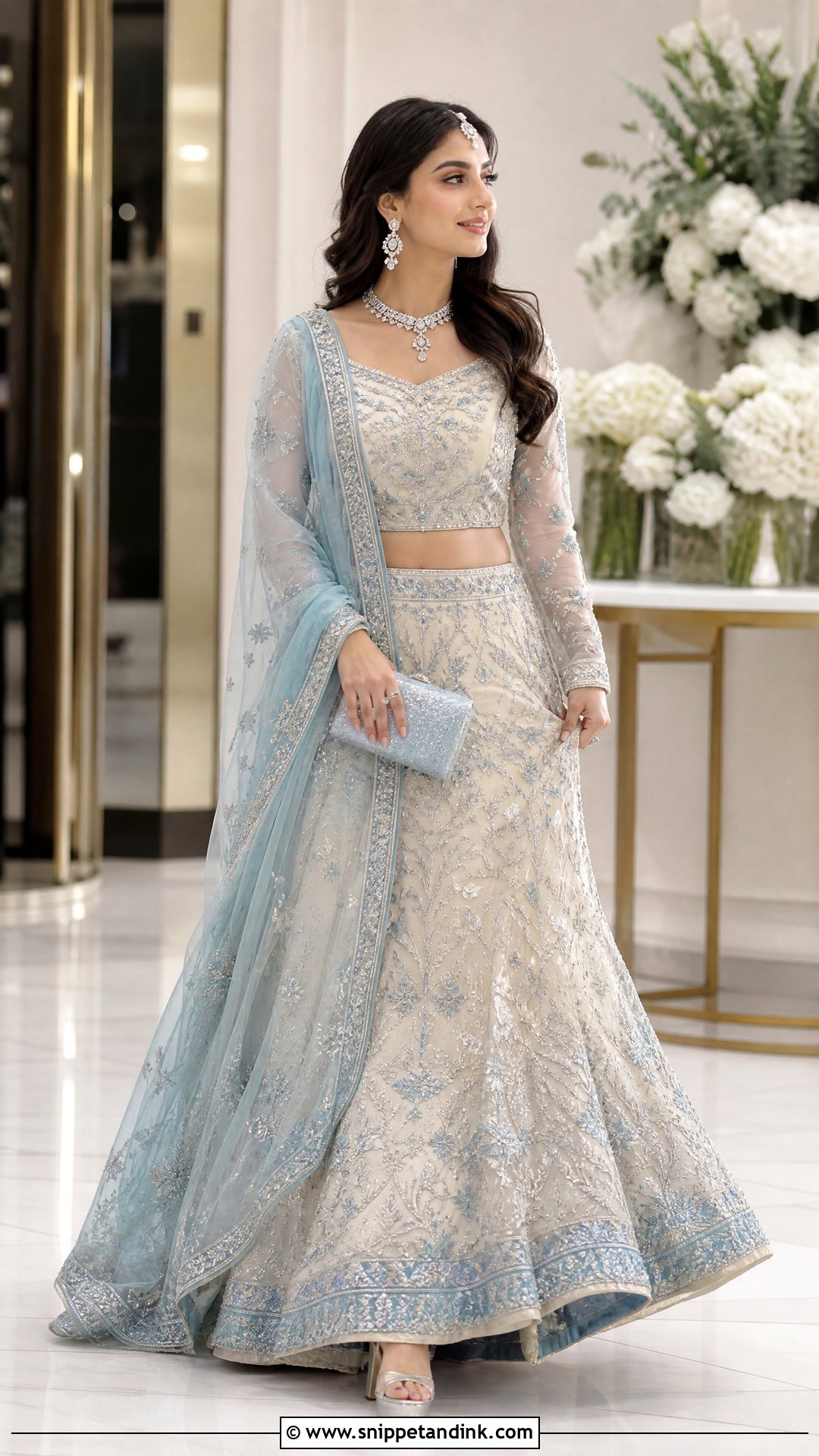 Ivory And Blue Pakistani Walima Bridal Lehenga - Snippet and Ink - 20 Pakistani Walima Bridal Dresses