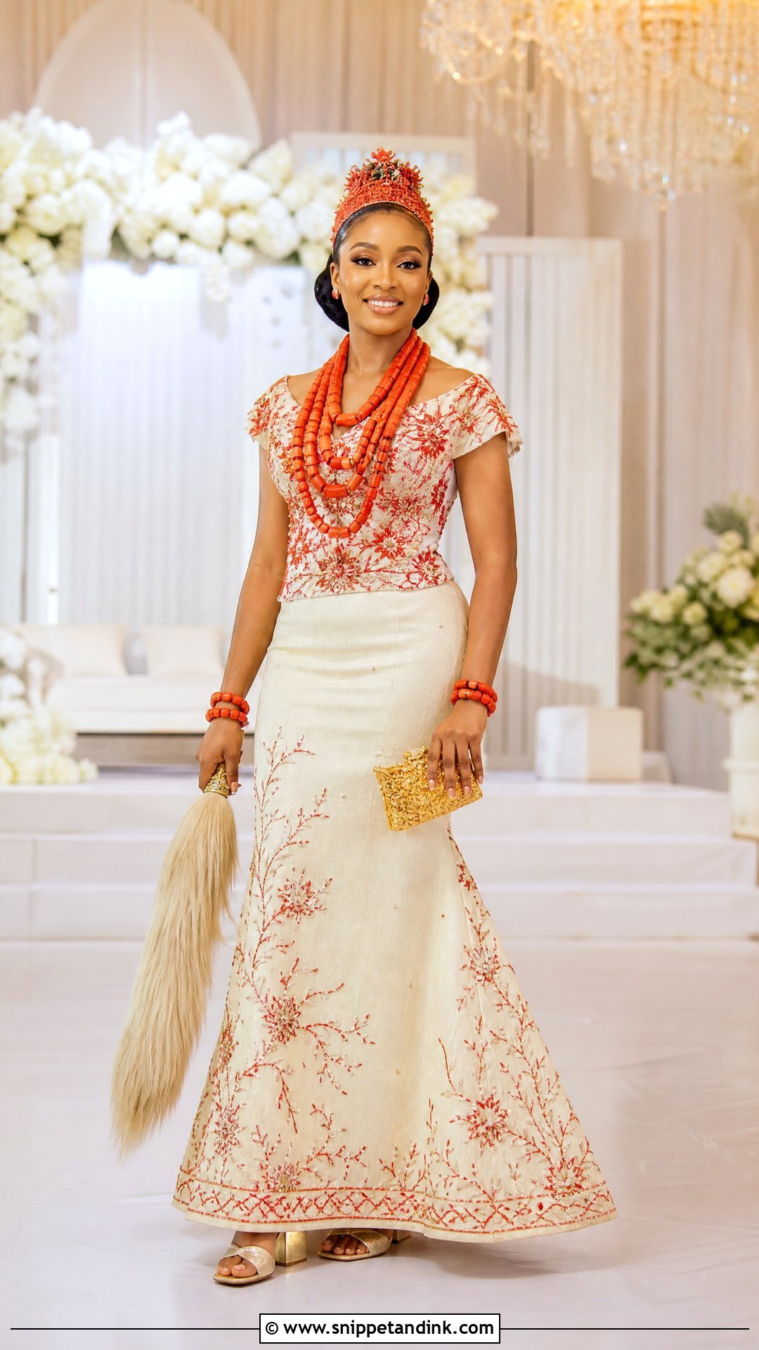 Ivory And Coral Igbo Bridal Skirt Set - Snippet and Ink - 20 Traditional Igbo Nigerian Wedding Dresses