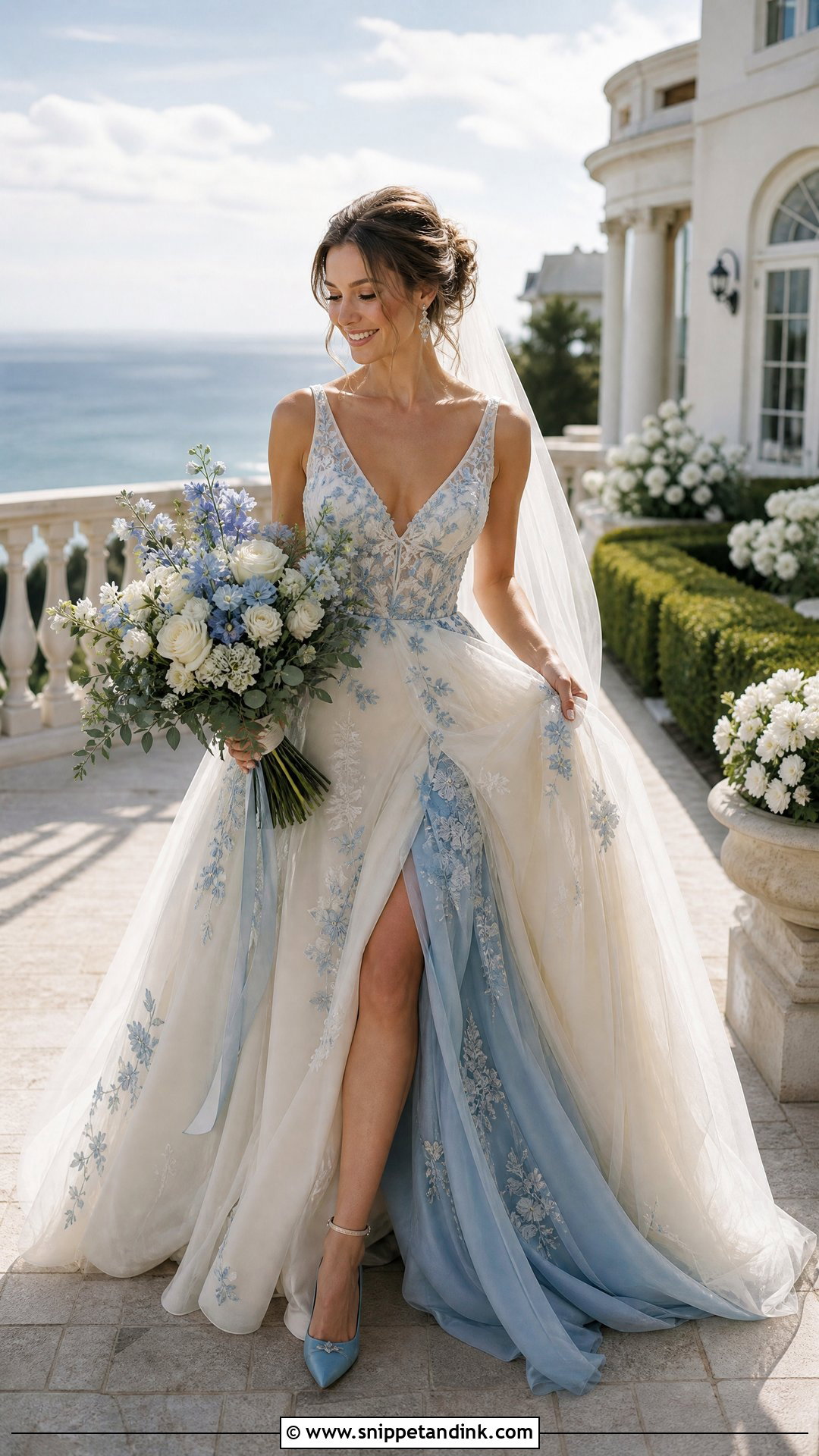 Ivory And Dusty Blue Wedding Dress - Snippet and Ink - 20 Wedding Dress Colour Combination Ideas