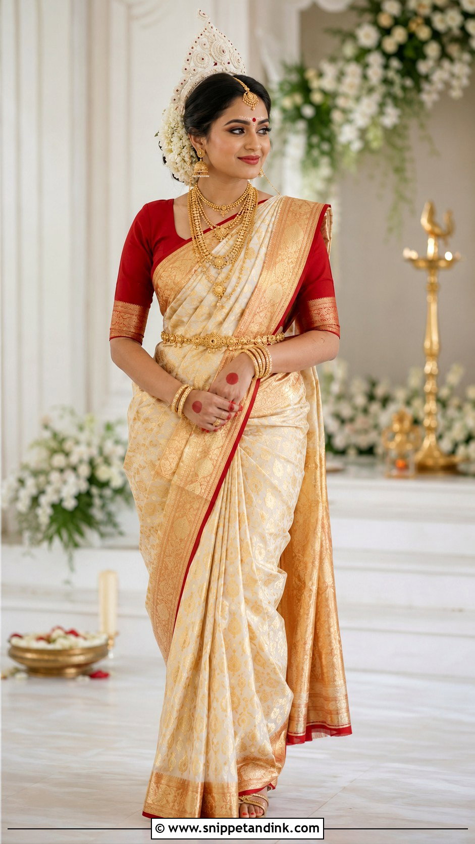 Ivory And Gold Bengali Bridal Saree Look - Snippet and Ink - 20 Bengali Bride Wedding Look Ideas