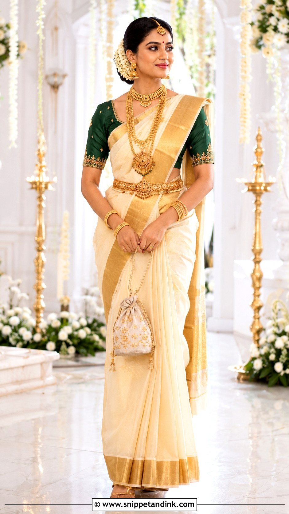 Ivory And Gold Kasavu Brahmin Bridal Look - Snippet and Ink - 20 Brahmin Wedding Brides Ideas