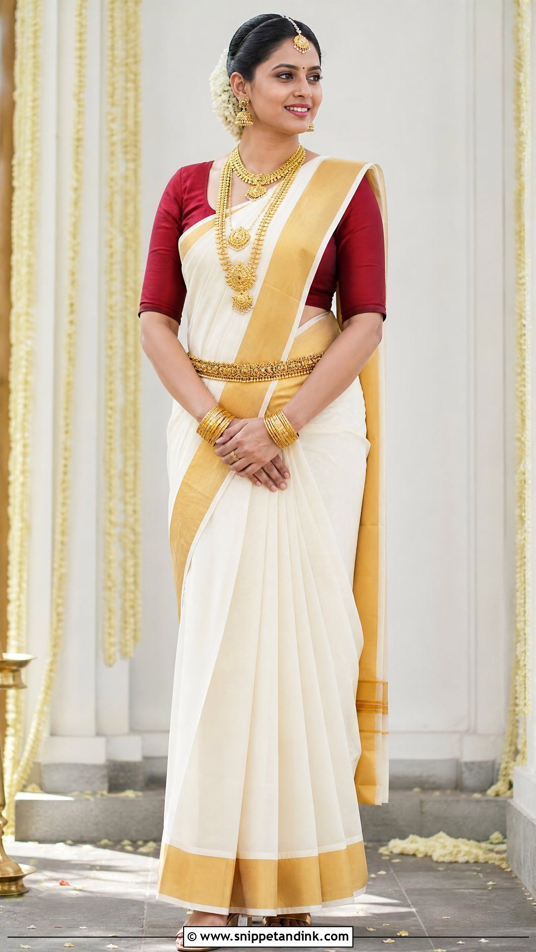 Ivory And Gold Kasavu Indian Bridal Saree - Snippet and Ink - 20 Indian Bride Wedding Dress Ideas
