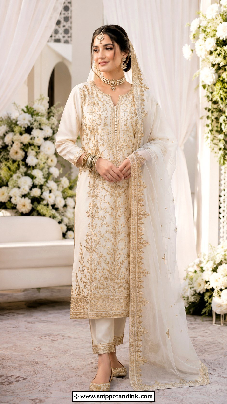 Ivory And Gold Kashmiri Bridal Pheran - Snippet and Ink - 20 Kashmiri Wedding Dress Ideas