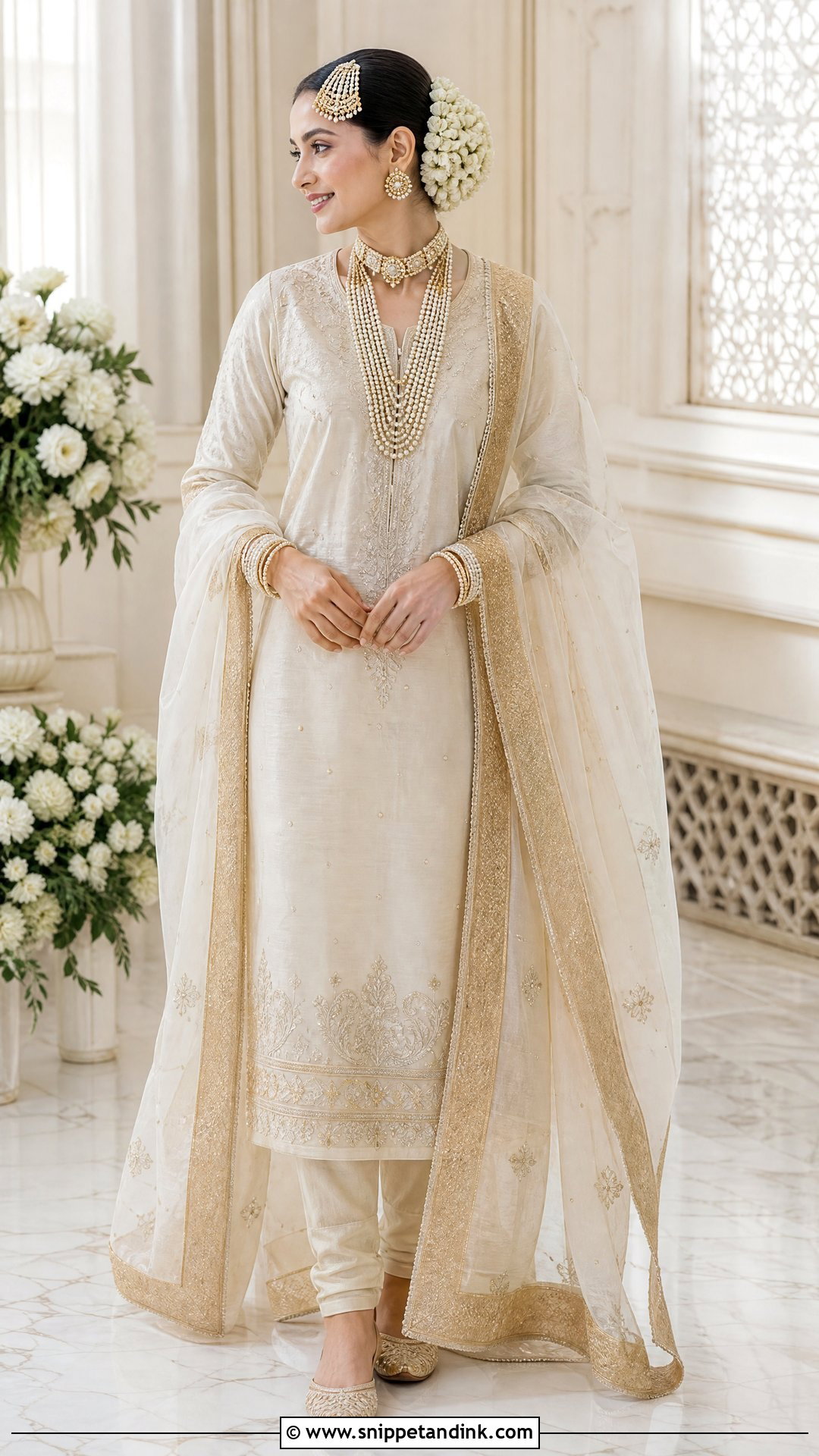 Ivory And Gold Khada Dupatta Hyderabadi Bride - Snippet and Ink - 20 Hyderabadi Bride Ideas