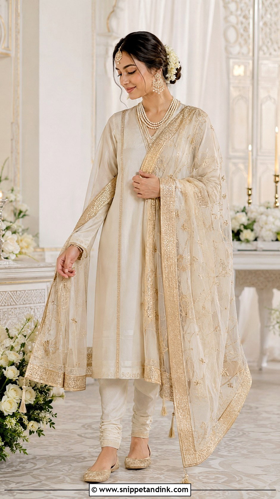 Ivory And Gold Khada Dupatta Nikah Outfit - Snippet and Ink - 20 Khada Duppata Hyderabadi Ideas